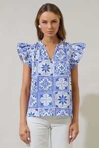 Arbor Tile Risette Ruffle Split Neck Top