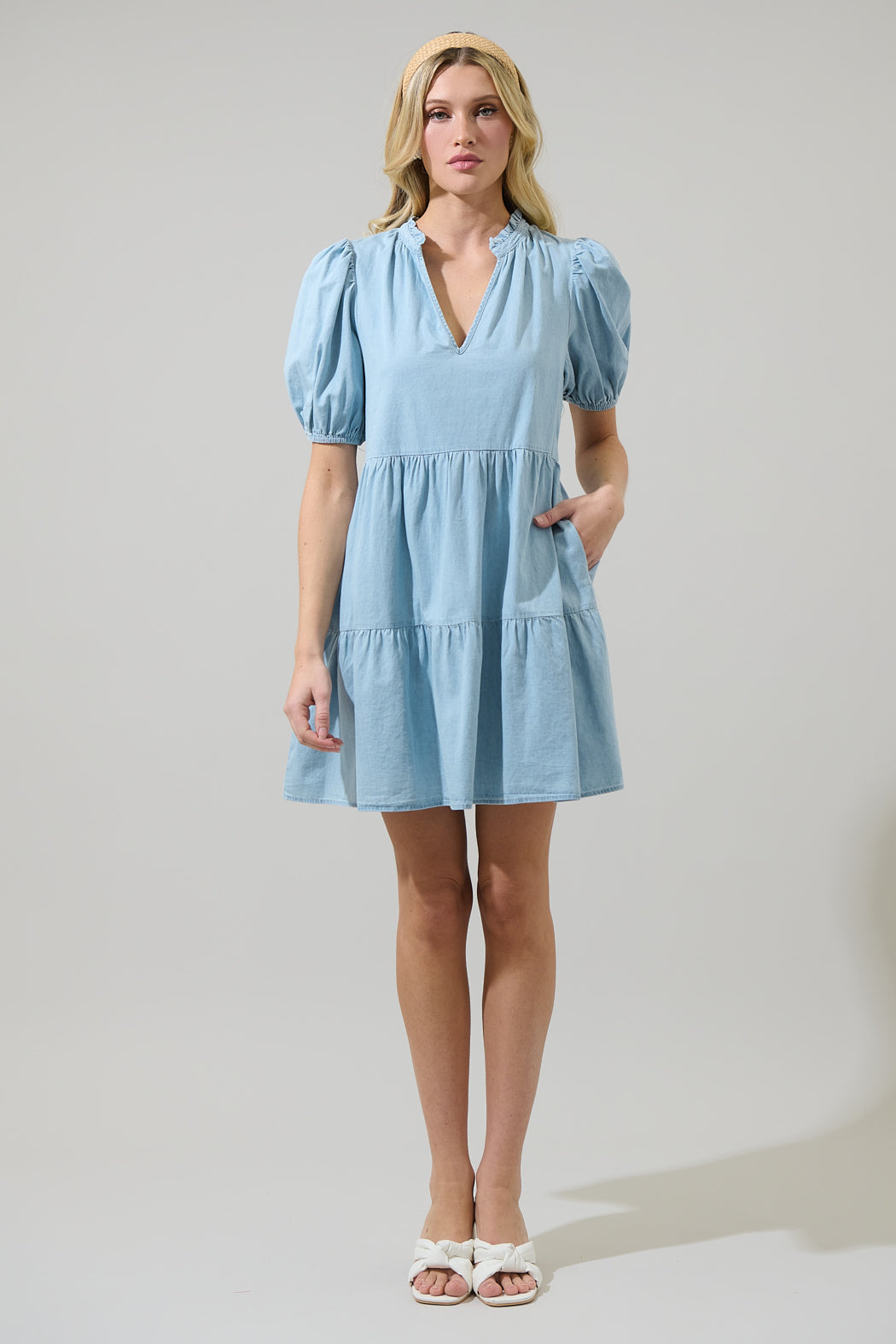 Haysville Jacey Babydoll Chambray Mini Dress MEDIUM-DENIM / XS by Sugarlips Haysville Jacey Babydoll Chambray Mini Dress MEDIUM-DENIM / XS by Sugarlips