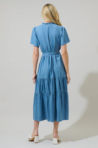 Skylah Chambray Britt Tiered Midi Dress