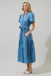 Skylah Chambray Britt Tiered Midi Dress