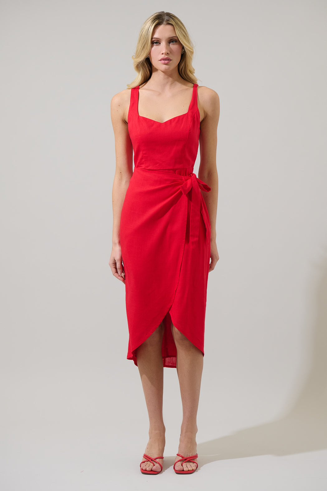Beli Linen Wrap Midi Dress RED / S by Sugarlips Beli Linen Wrap Midi Dress RED / S by Sugarlips