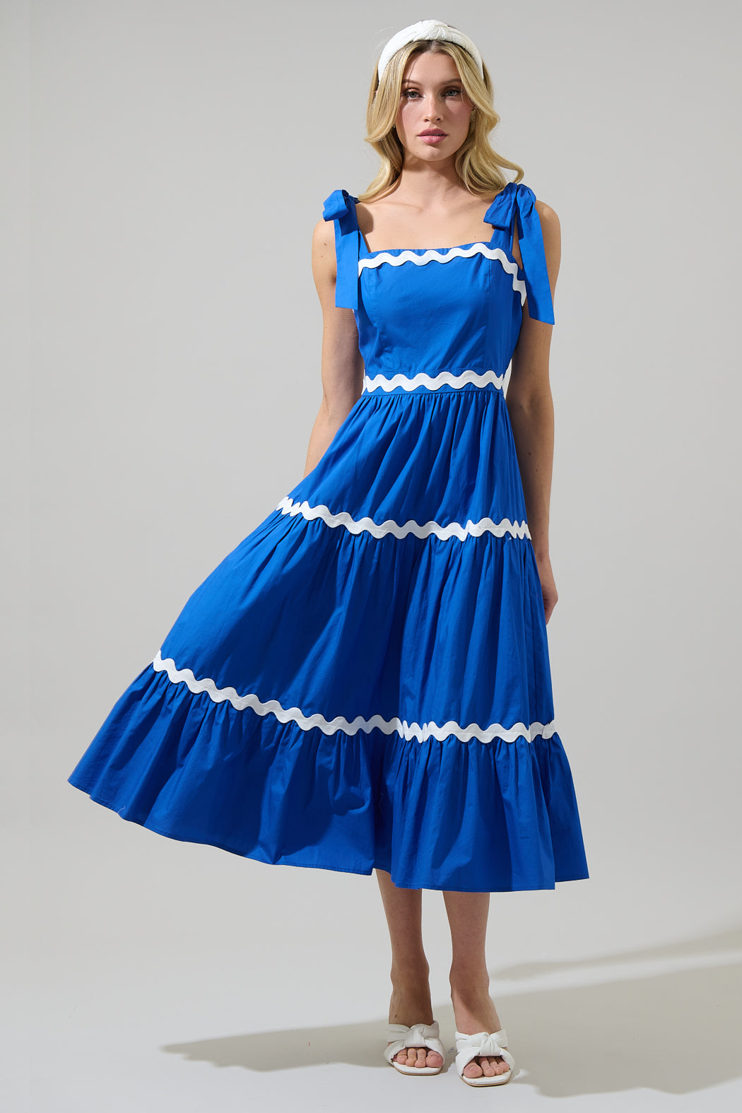 Edith Tiered Midi Dress Blue-White / Xs by Sugarlips Edith Tiered Midi Dress Blue-White / Xs by Sugarlips