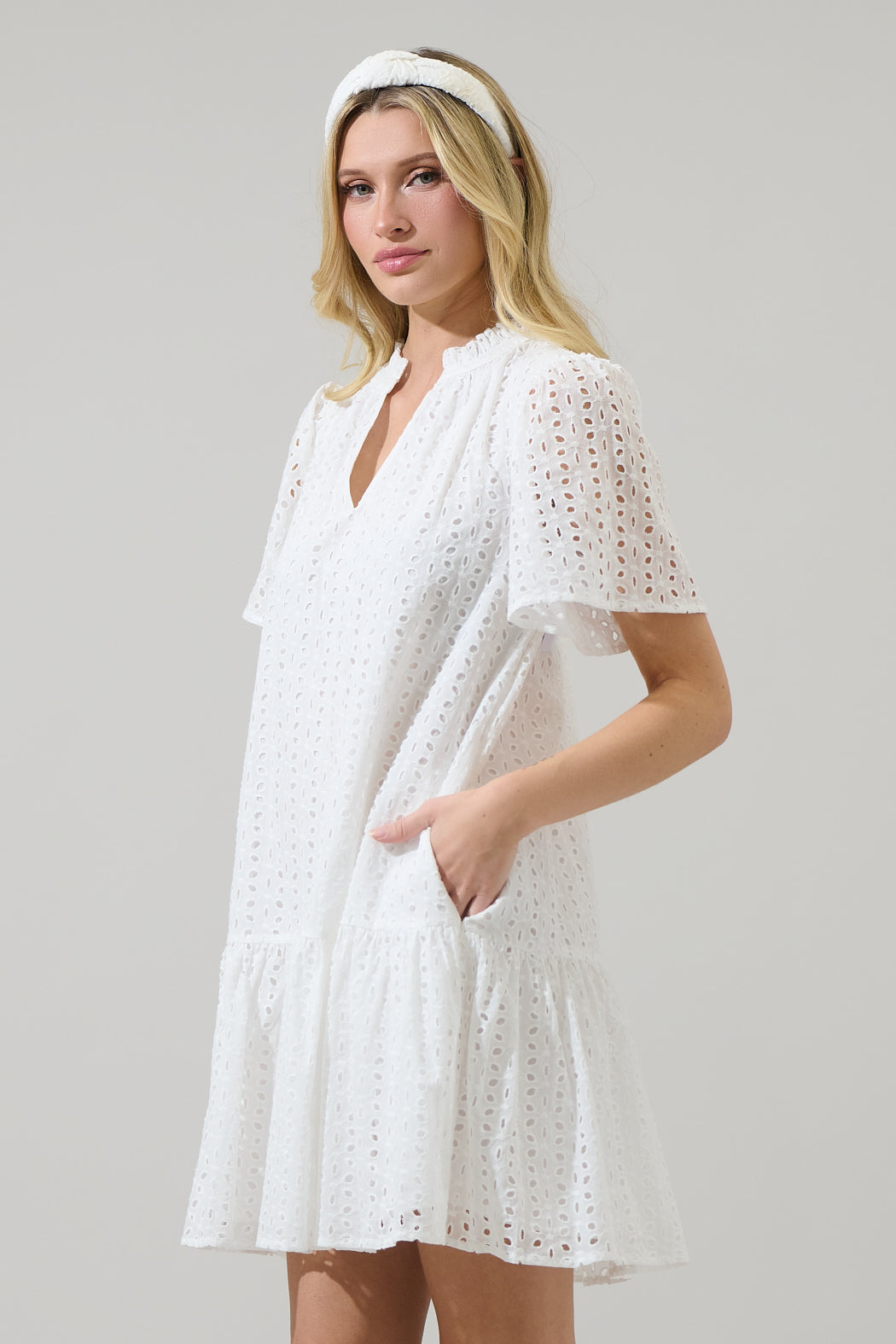 short sleeve eyelet shift dress Entro Pine Eyelet Cotton Short Sleeve Mini Shift Dress