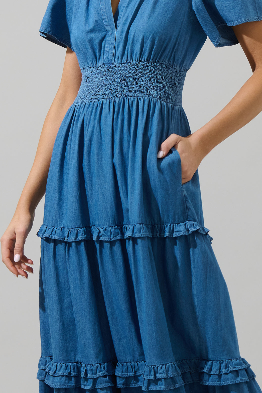 chambray tiered maxi dress Haysville Palmer Chambray Tiered Maxi Dress MEDIUM-DENIM / XS by Sugarlips