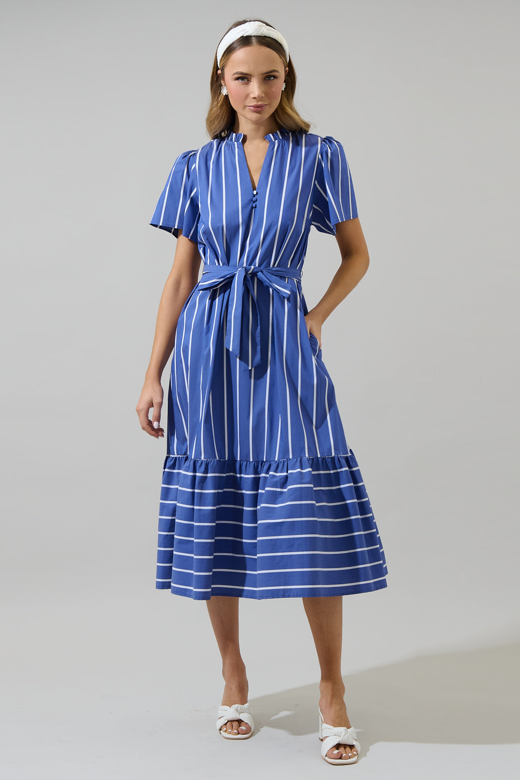 tiered poplin midi dress Noelle Split Neck Poplin Tiered Midi Dress MAGENTA / XL by Sugarlips