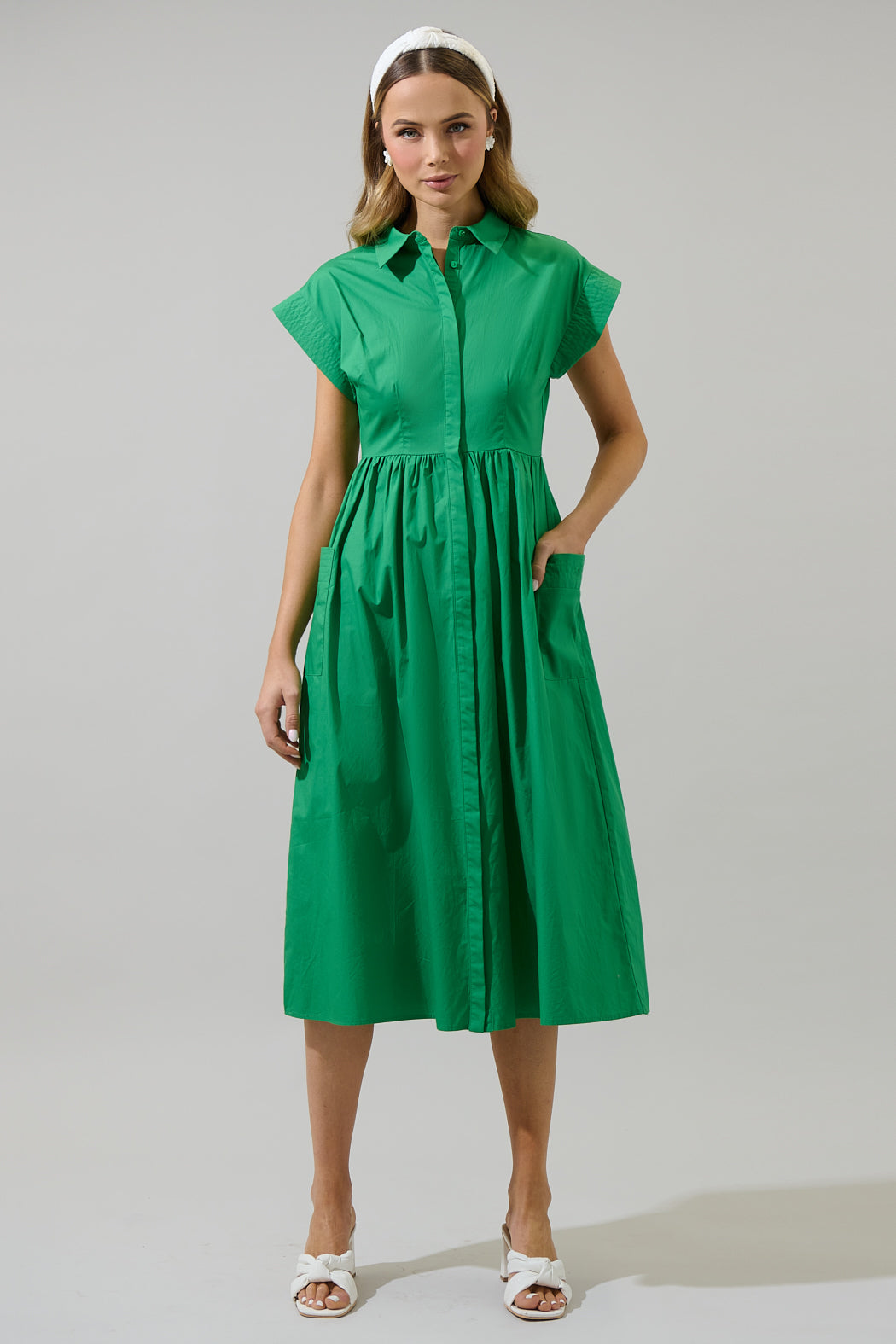 Grenola Button Up Collared Midi Dress KELLY-GREEN / S by Sugarlips Grenola Button Up Collared Midi Dress KELLY-GREEN / S by Sugarlips