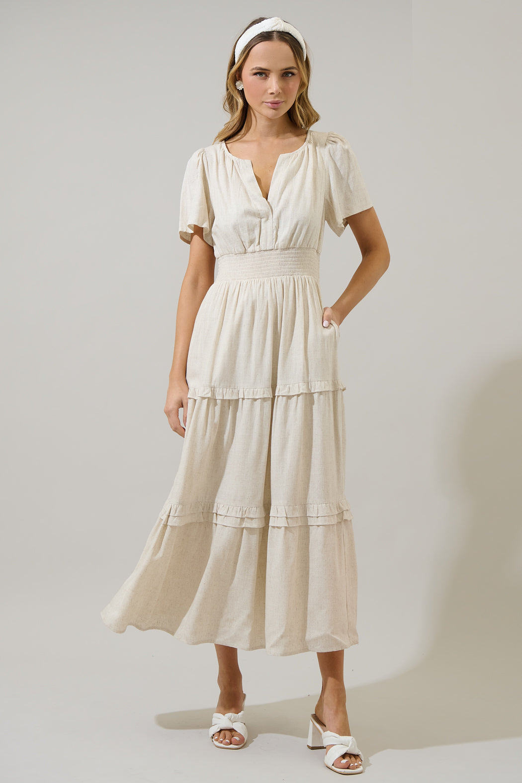 linen tiered maxi dress 100% European Linen Tiered Maxi Dress in Taupe Brown Gingham