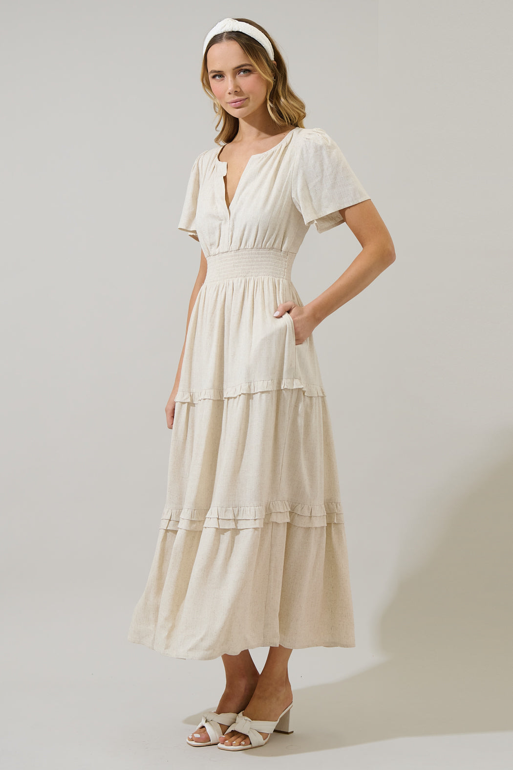Sandy Shore Palmer Linen Tiered Maxi Dress NATURAL / XS by Sugarlips Sandy Shore Palmer Linen Tiered Maxi Dress NATURAL / XS by Sugarlips