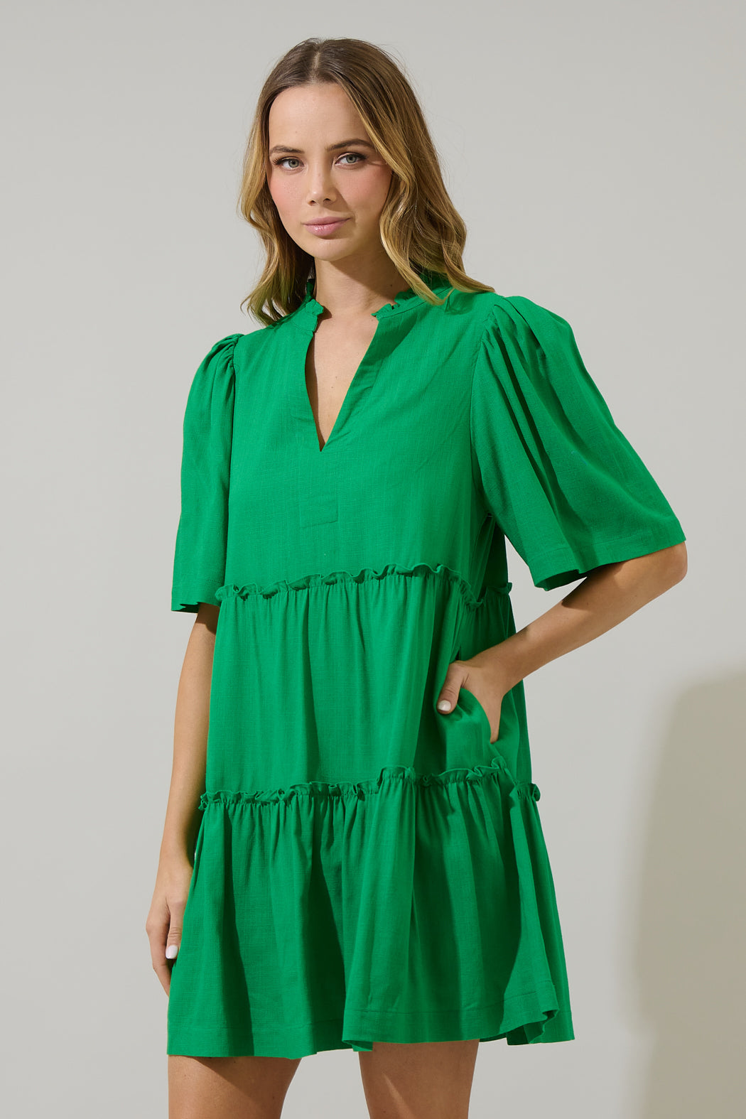 linen shift dresses Dixie Split Neck Linen Shift Dress KELLY-GREEN / S by Sugarlips