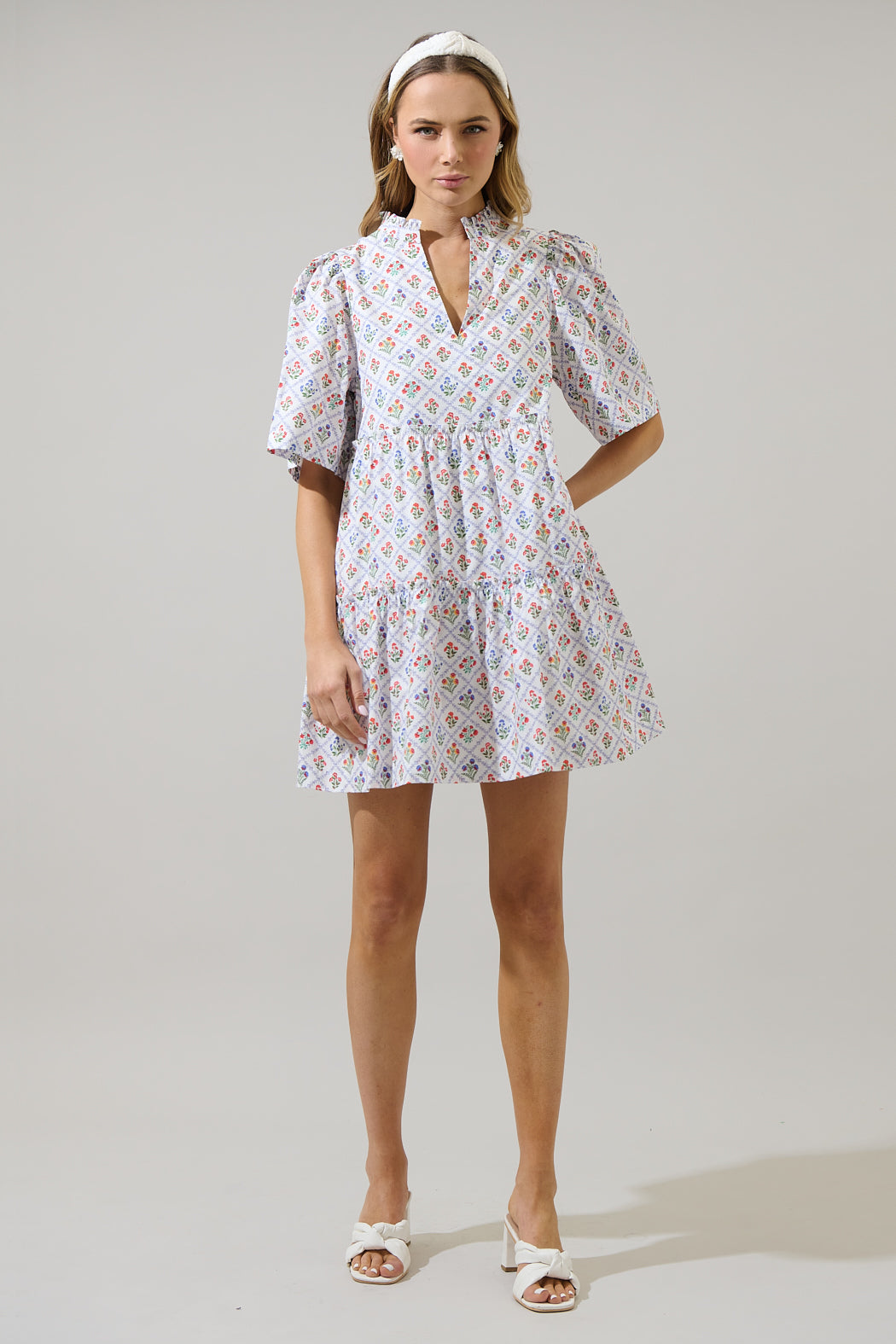 Lara Floral Dixie Split Neck Shift Dress WHT-MULT / XL