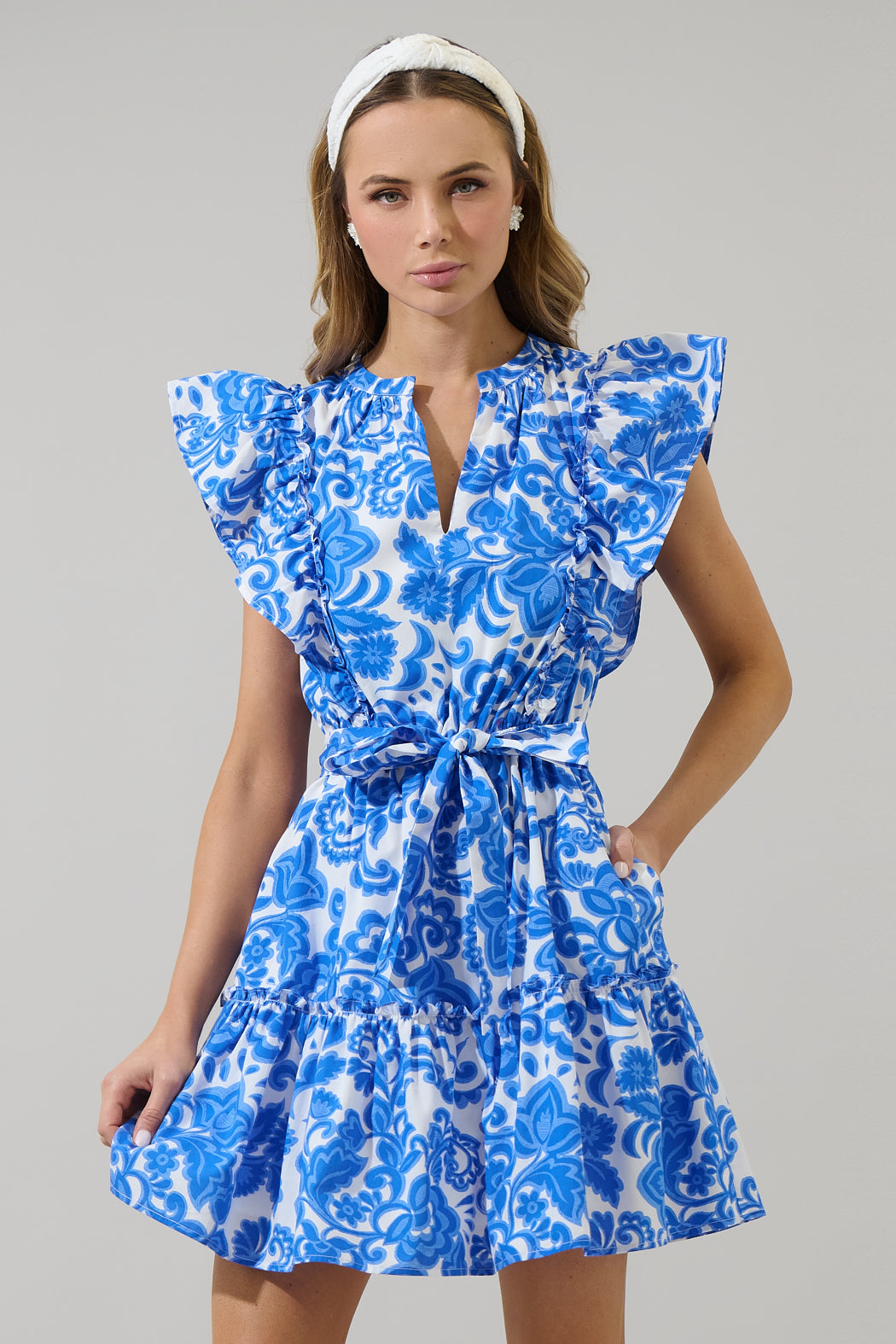 Magee Floral Ruffle Mini Dress WHT-BLUE-MULTI / M by Sugarlips Magee Floral Ruffle Mini Dress WHT-BLUE-MULTI / M by Sugarlips