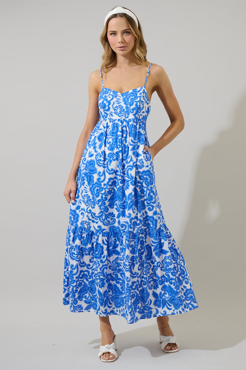 Magee Floral Cabana Flowy Maxi Dress WHT-BLUE-MULTI / L by Sugarlips Magee Floral Cabana Flowy Maxi Dress WHT-BLUE-MULTI / L by Sugarlips