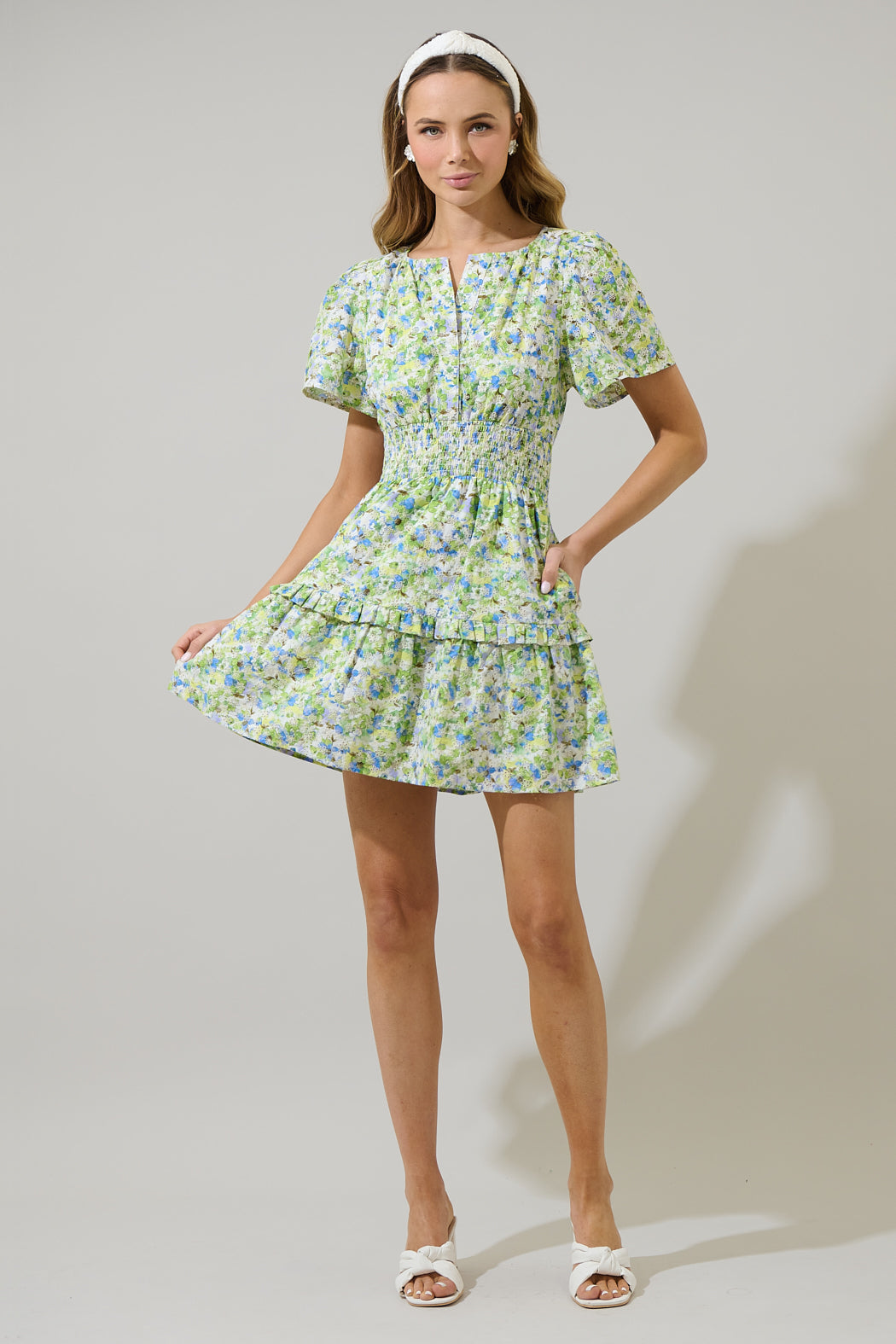 Aylin Eyelet Smocked Mini Dress WHITE-BLUE-GREEN / S by Sugarlips Aylin Eyelet Smocked Mini Dress WHITE-BLUE-GREEN / S by Sugarlips