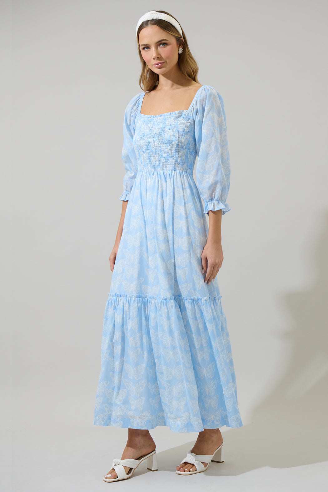 Aubry Butterfly Essy Smocked Maxi Dress WHT-BLUE / XS by Sugarlips Aubry Butterfly Essy Smocked Maxi Dress WHT-BLUE / XS by Sugarlips