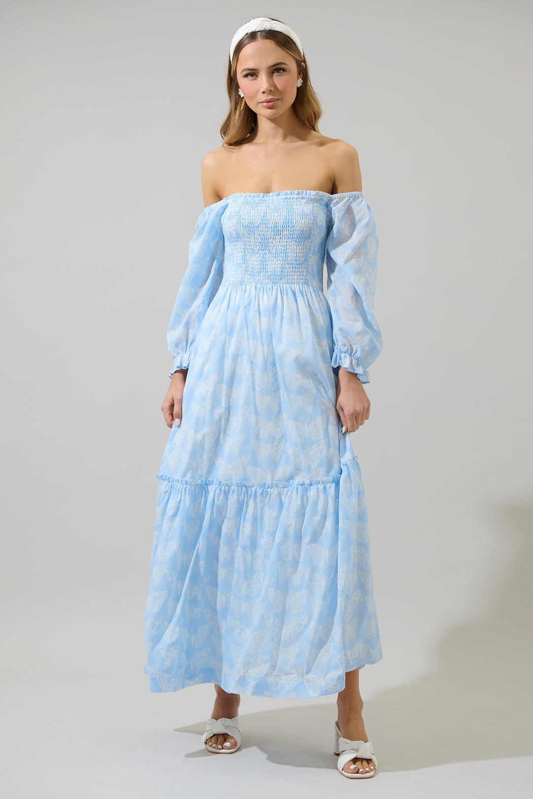 Aubry Butterfly Essy Smocked Maxi Dress WHT-BLUE / XS by Sugarlips Aubry Butterfly Essy Smocked Maxi Dress WHT-BLUE / XS by Sugarlips