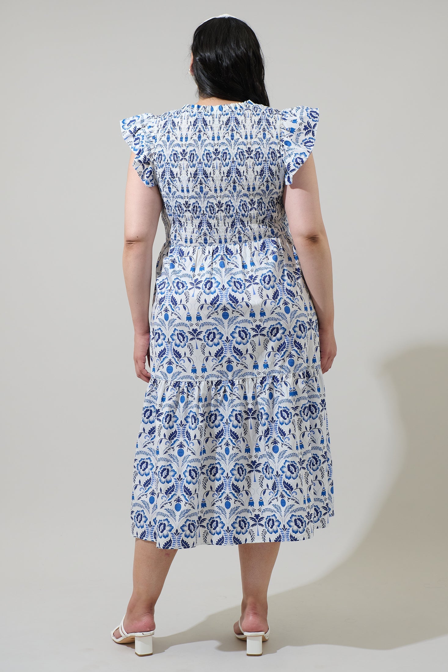 Marisol Floral Giza Glare Smock Tiered Midi Dress Curve WHITE-BLUE / 2X by Sugarlips Marisol Floral Giza Glare Smock Tiered Midi Dress Curve WHITE-BLUE / 2X by Sugarlips