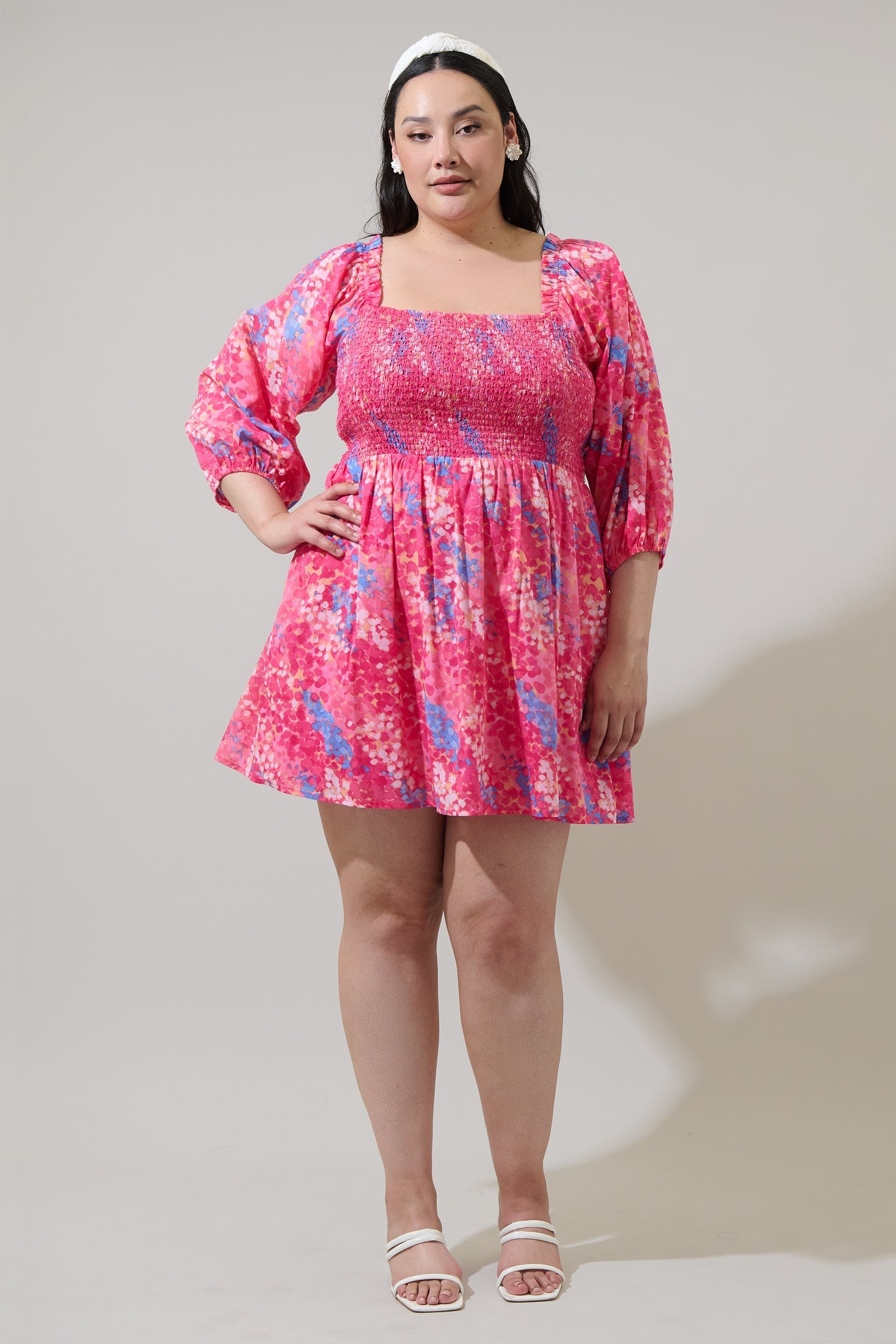 pink abstract mini dress Lucy Pink Print Long Sleeve Mini Dress - US 16
