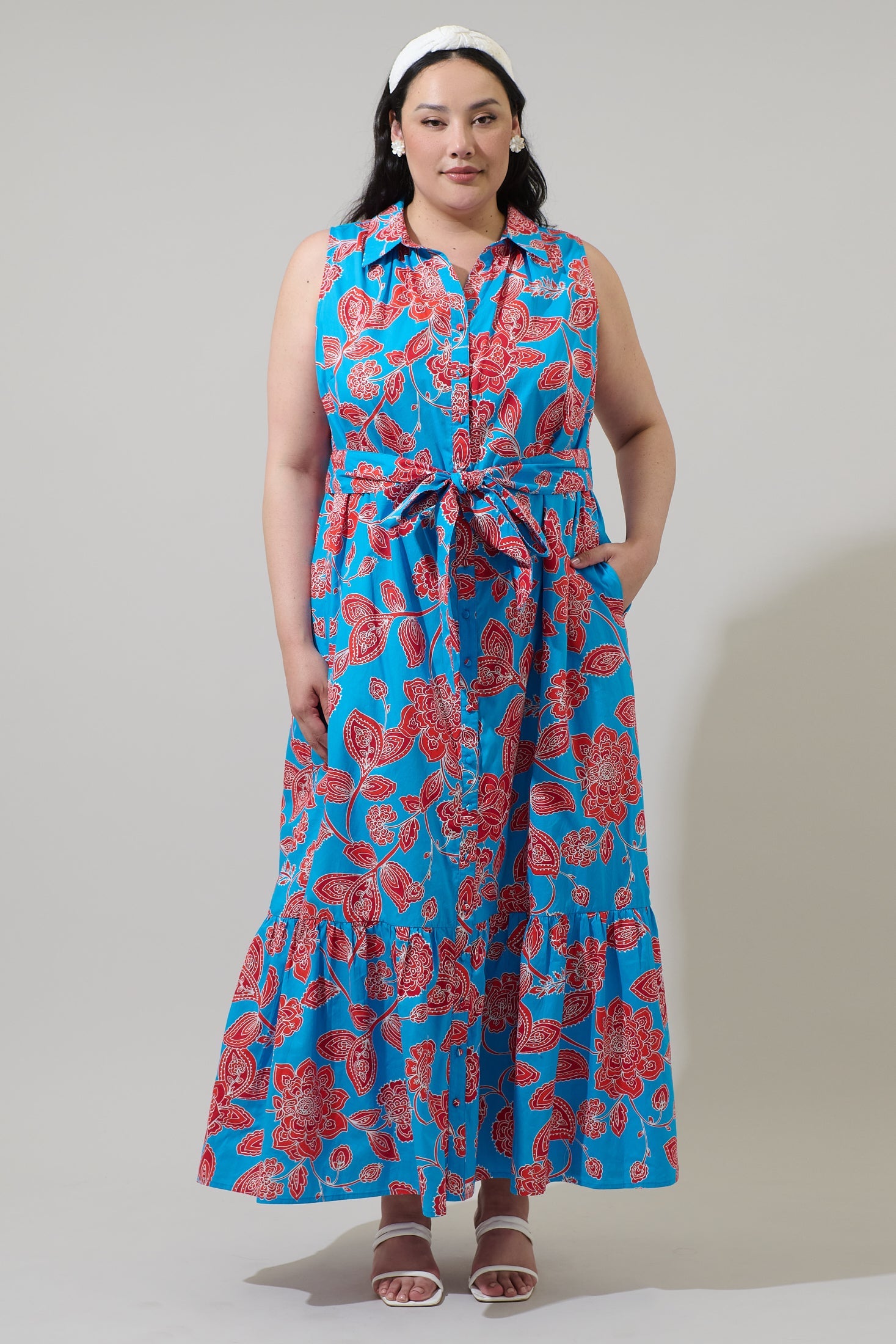 Ripon Floral Cileah Collared Maxi Dress Curve BLUE-RED-MULTI / 3X by Sugarlips Ripon Floral Cileah Collared Maxi Dress Curve BLUE-RED-MULTI / 3X by Sugarlips
