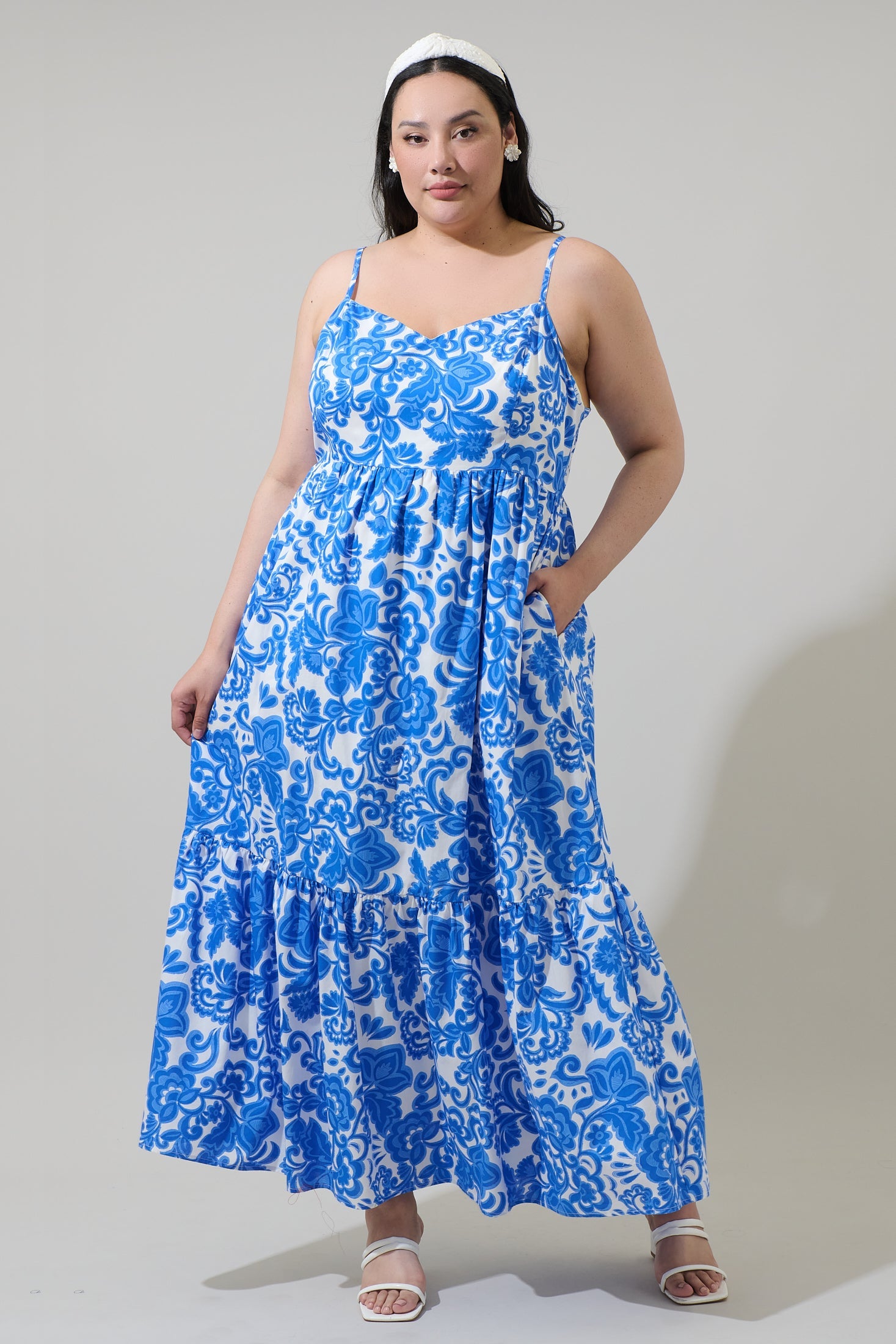 Magee Floral Cabana Flowy Maxi Dress Curve WHT-BLUE-MULTI / 1X by Sugarlips Magee Floral Cabana Flowy Maxi Dress Curve WHT-BLUE-MULTI / 1X by Sugarlips