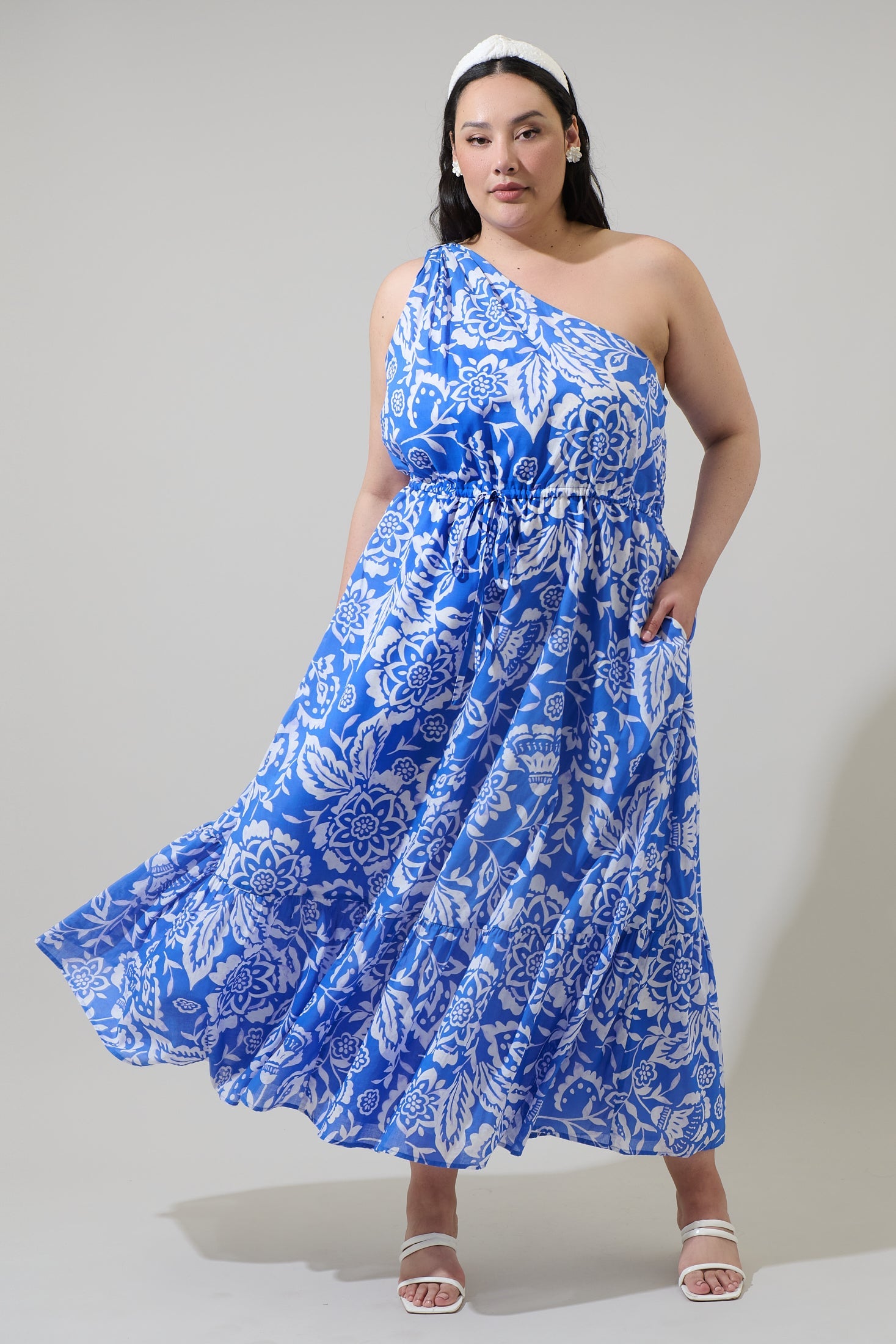 one shoulder curve dress Final Sale Plus Size Satin One Shoulder Asymmetric Pleated Dress with Cut Out in Purple and Fuchsia