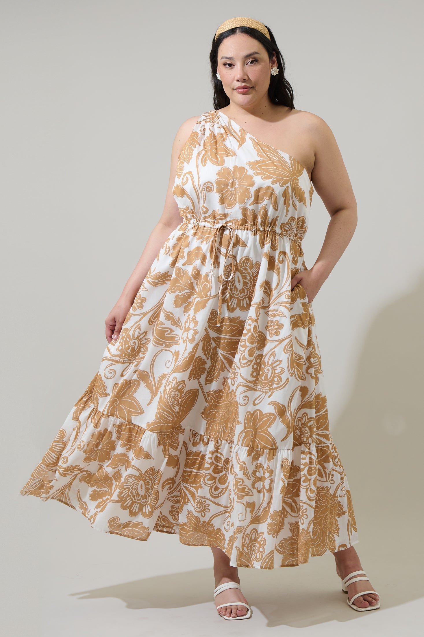 Nadya Floral Elya One Shoulder Maxi Dress Curve WHITE-BISCUIT / 1x by Sugarlips Nadya Floral Elya One Shoulder Maxi Dress Curve WHITE-BISCUIT / 1x by Sugarlips