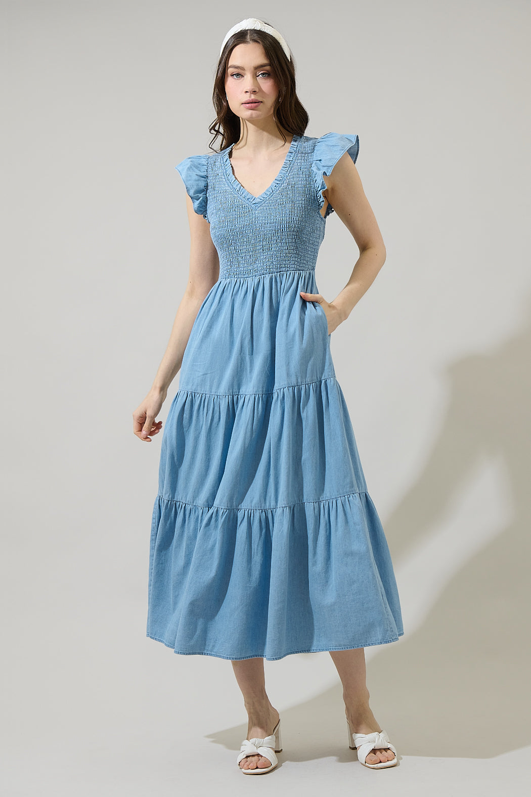 Cierra Denim Sunfire Smocked Bodice Tiered Midi Dress LT-DENIM / M by Sugarlips Cierra Denim Sunfire Smocked Bodice Tiered Midi Dress LT-DENIM / M by Sugarlips