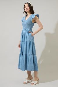 Cierra Denim Sunfire Smocked Bodice Tiered Midi Dress