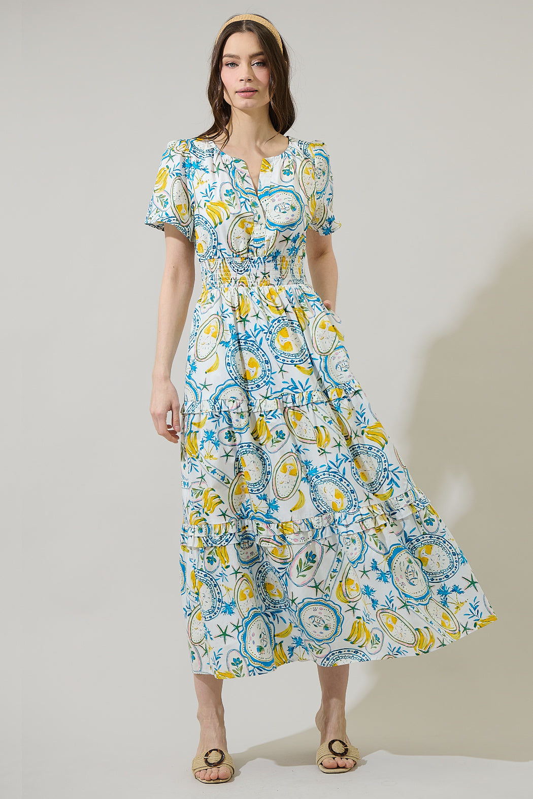 Harvest Island Palmer Poplin Tiered Maxi Dress WHT-BLUE-YELL / Xs by Sugarlips Harvest Island Palmer Poplin Tiered Maxi Dress WHT-BLUE-YELL / Xs by Sugarlips