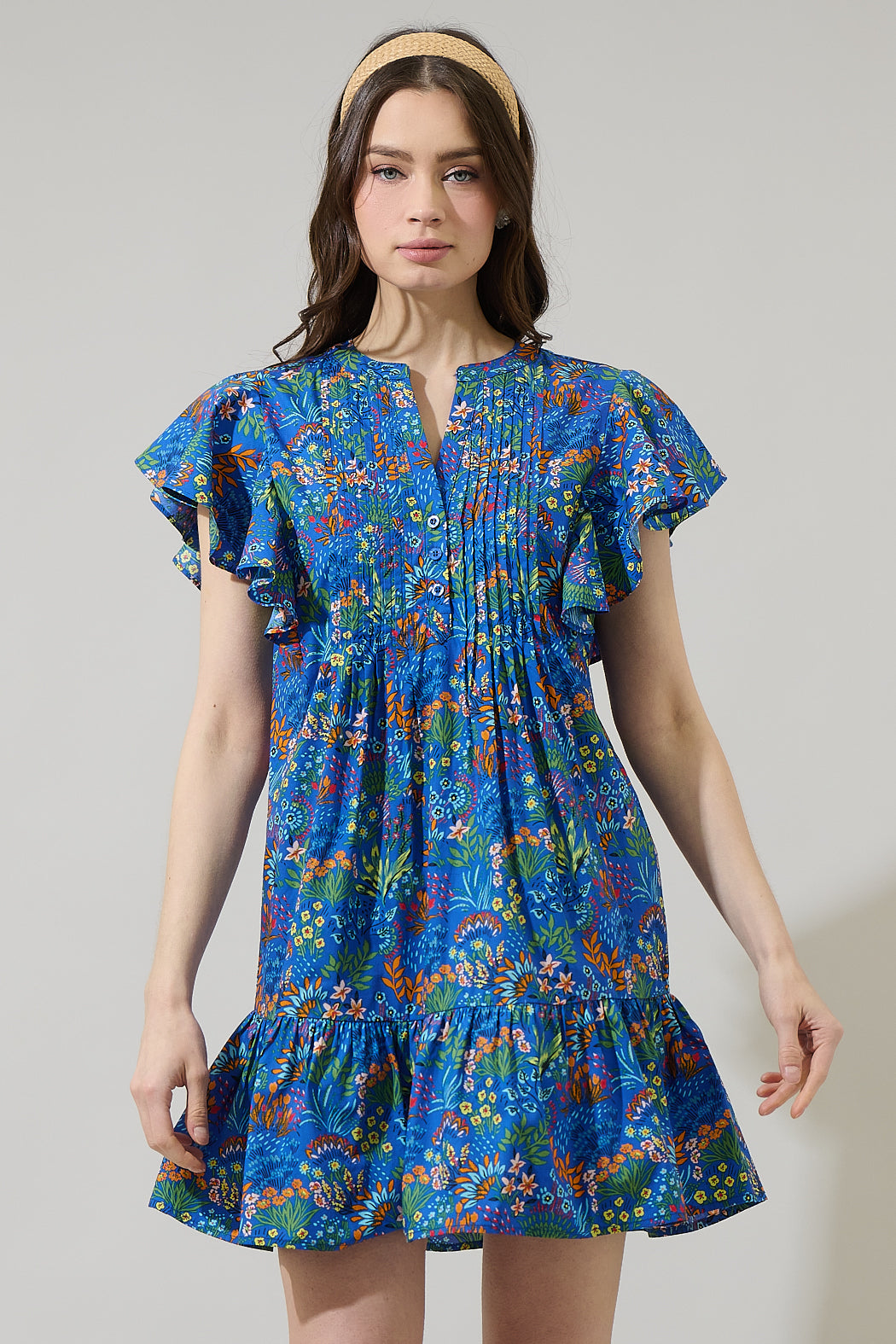 Ruya Floral Lizzy Pleated Ruffle Mini Dress COBALT-COMBO / S by Sugarlips Ruya Floral Lizzy Pleated Ruffle Mini Dress COBALT-COMBO / S by Sugarlips