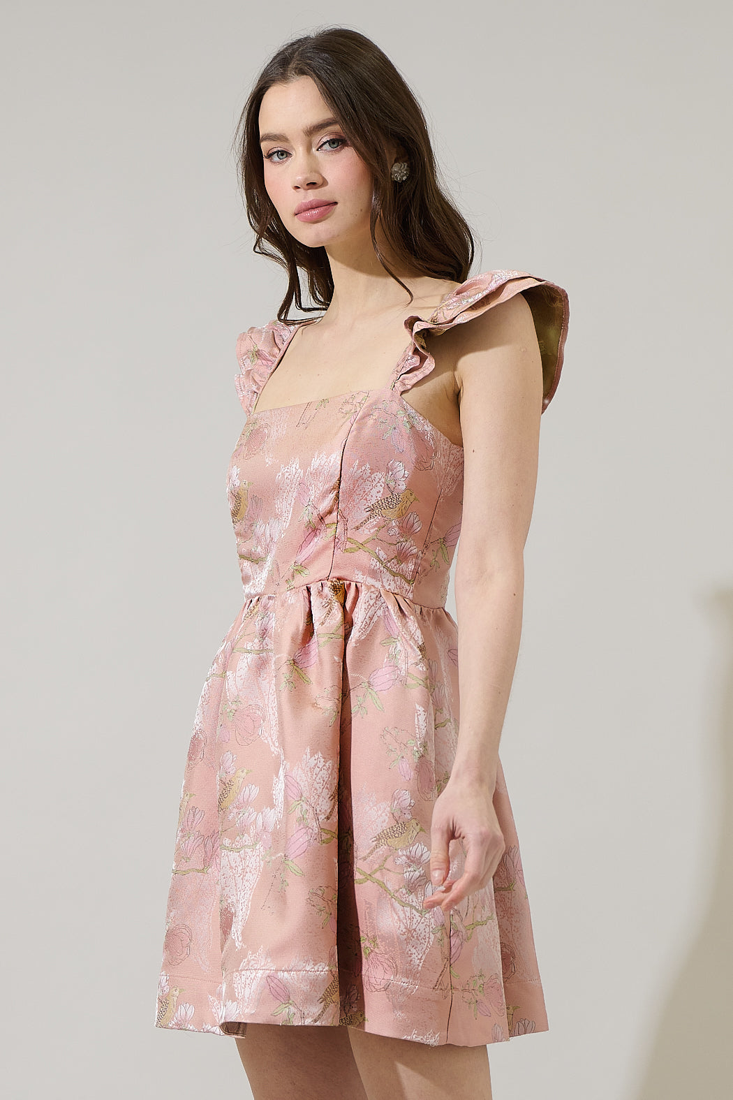 Romie Floral Jacquard Ruffle Mini Dress CORAL-MULTI / XL by Sugarlips Romie Floral Jacquard Ruffle Mini Dress CORAL-MULTI / XL by Sugarlips