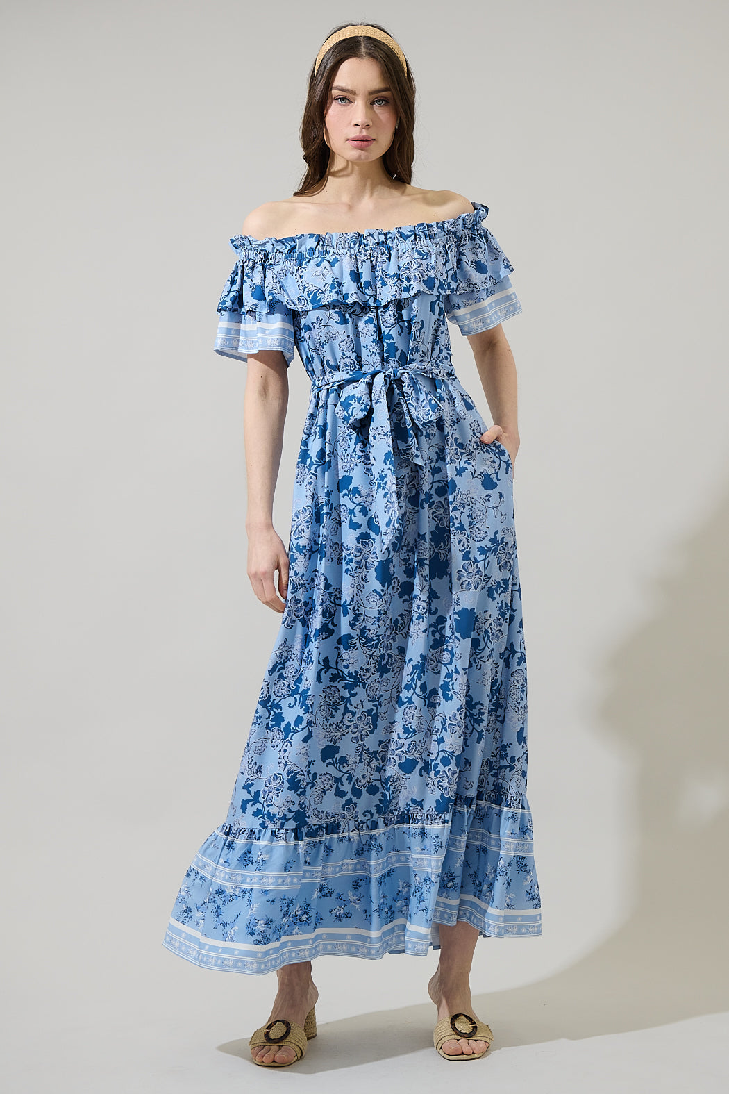 casual off shoulder maxi dress Dahla Blue Off The Shoulder Maxi Dress - US 16