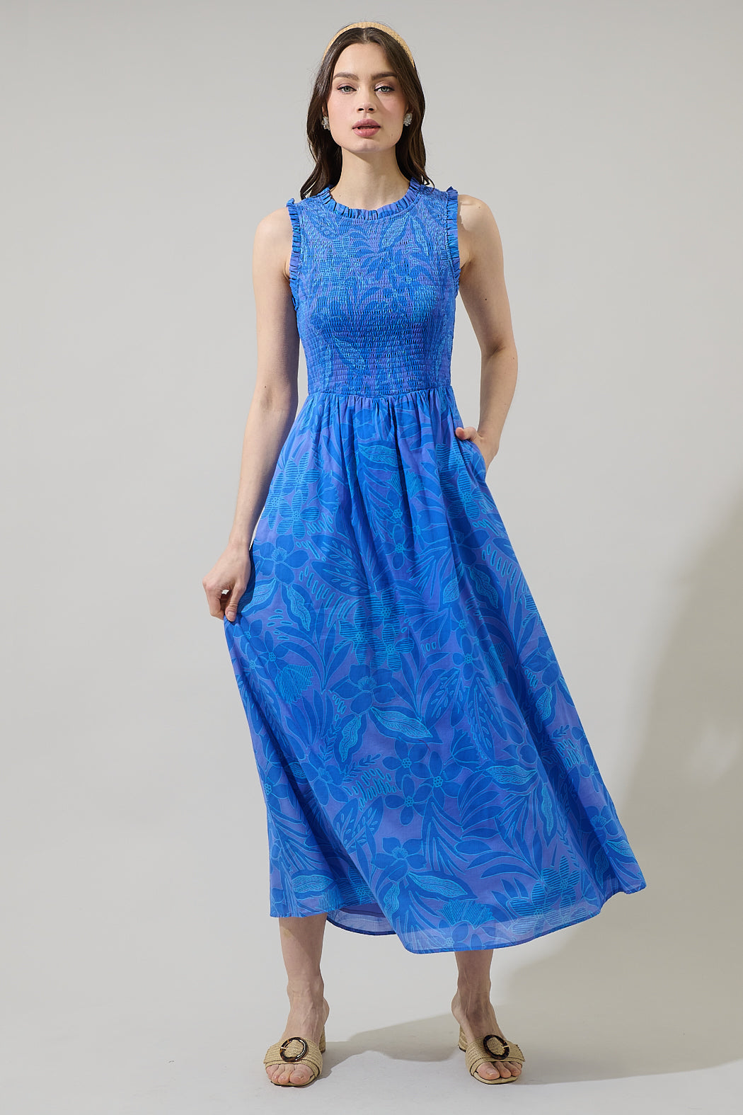 Warren Floral Cecil Smocked Sleeveless Midi Dress BLUES-MUL / L by Sugarlips Warren Floral Cecil Smocked Sleeveless Midi Dress BLUES-MUL / L by Sugarlips