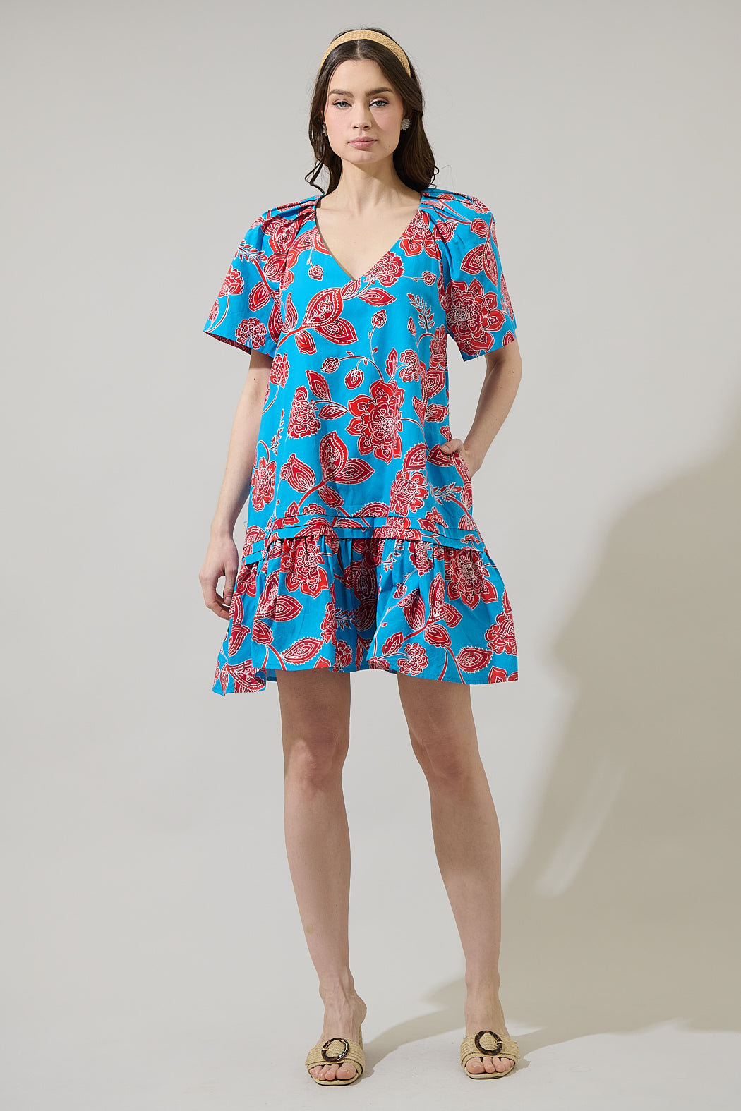 Ripon Floral Seruma Drop Waist Shift Dress BLUE-RED-MULTI / XL by Sugarlips Ripon Floral Seruma Drop Waist Shift Dress BLUE-RED-MULTI / XL by Sugarlips