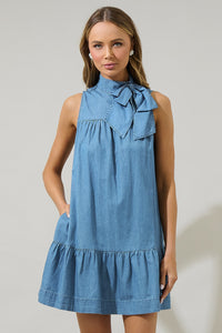 Skylah Denim Albie Bow Mini Dress