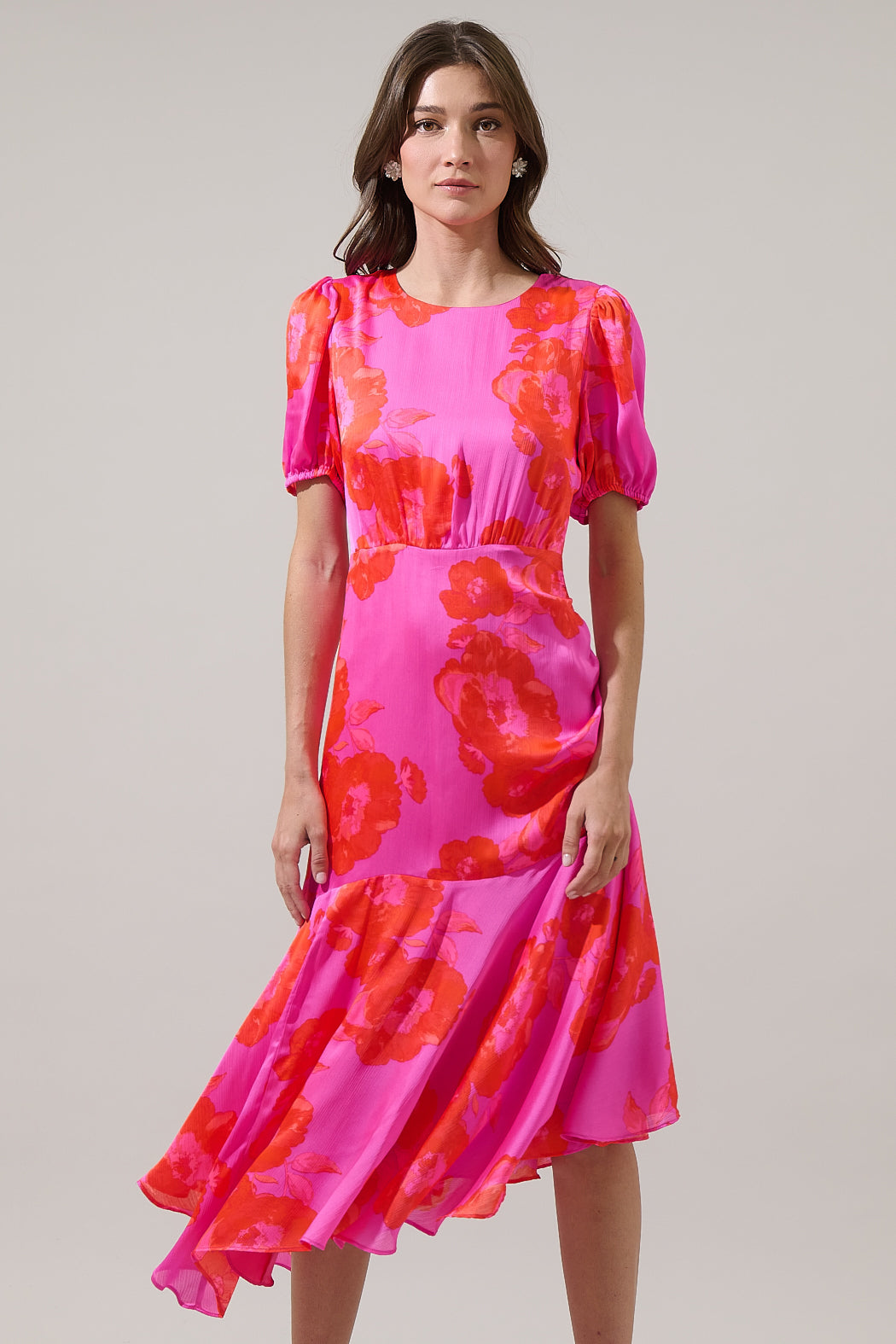 Lailah Floral Balboa Asymmetrical Midi Dress MAGENTA-RED / XS by Sugarlips Lailah Floral Balboa Asymmetrical Midi Dress MAGENTA-RED / XS by Sugarlips