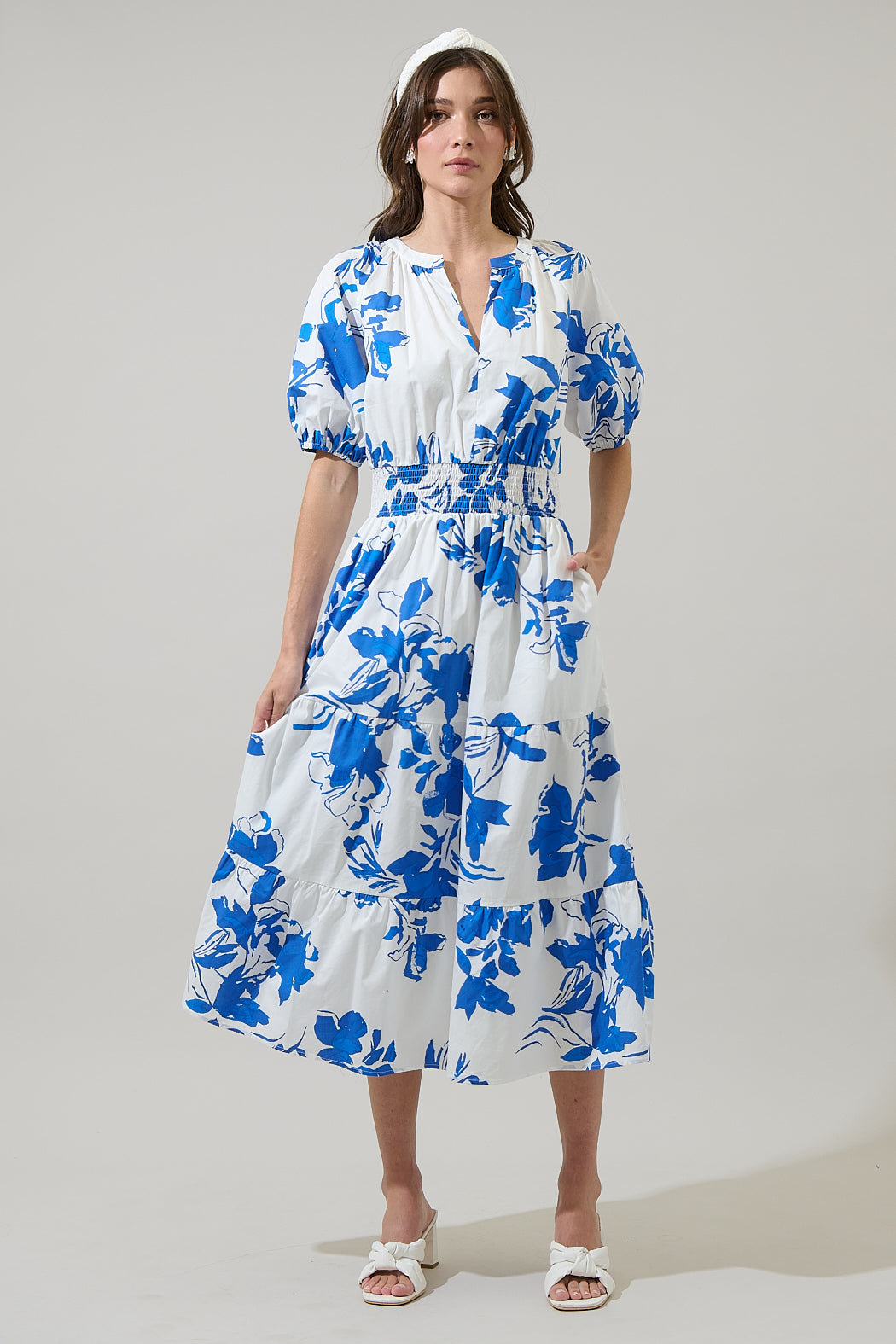 casual puff sleeve midi dress Petal and Pup Women's Annette Puff Sleeve Shirred Midi Dress