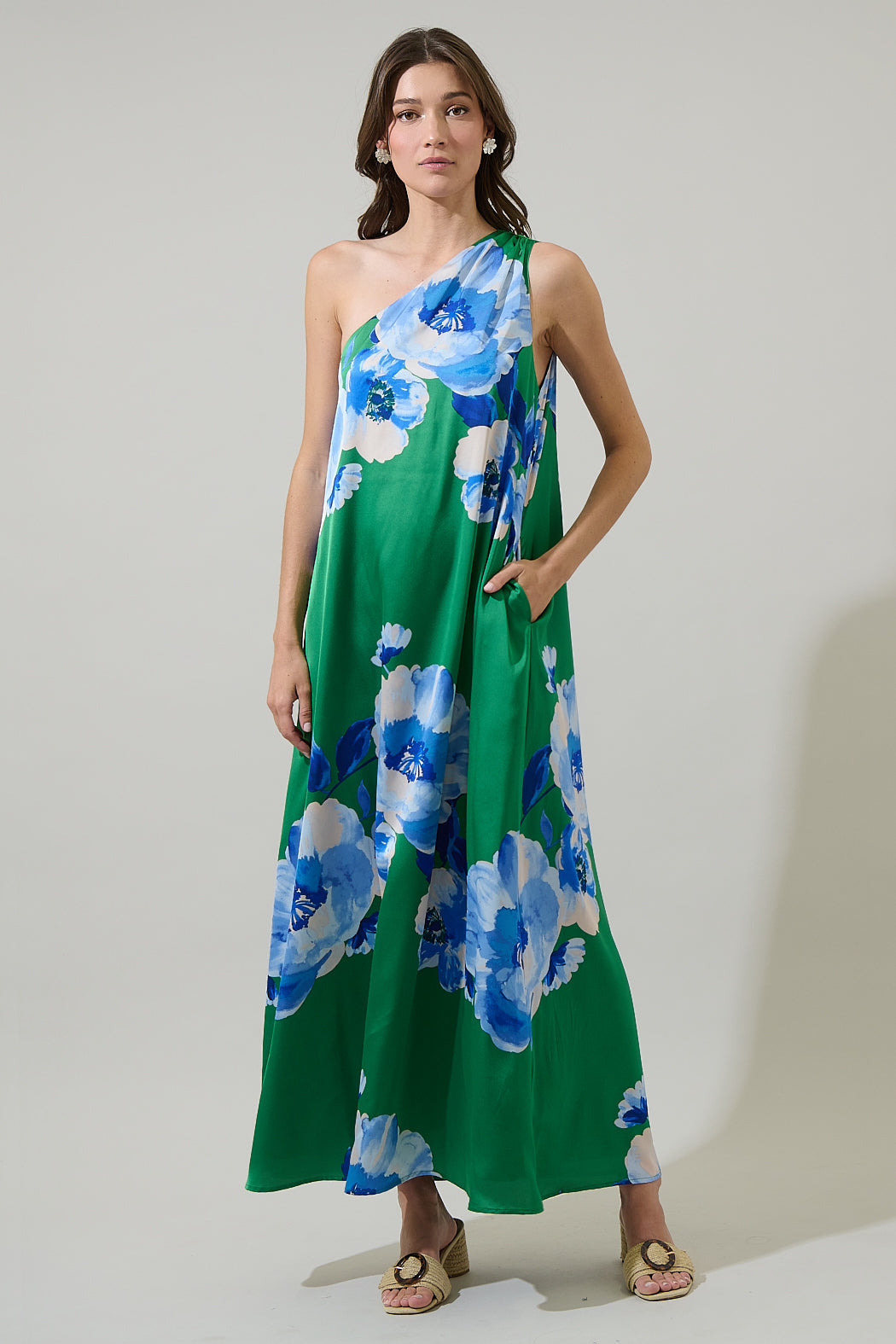 Glena Floral One Shoulder Maxi Dress GREEN-BLUES / XS by Sugarlips Glena Floral One Shoulder Maxi Dress GREEN-BLUES / XS by Sugarlips