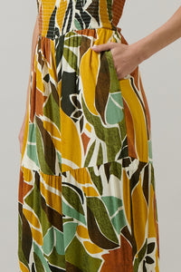 Renia Tropical Eve Strapless Smocked Jumpsuit