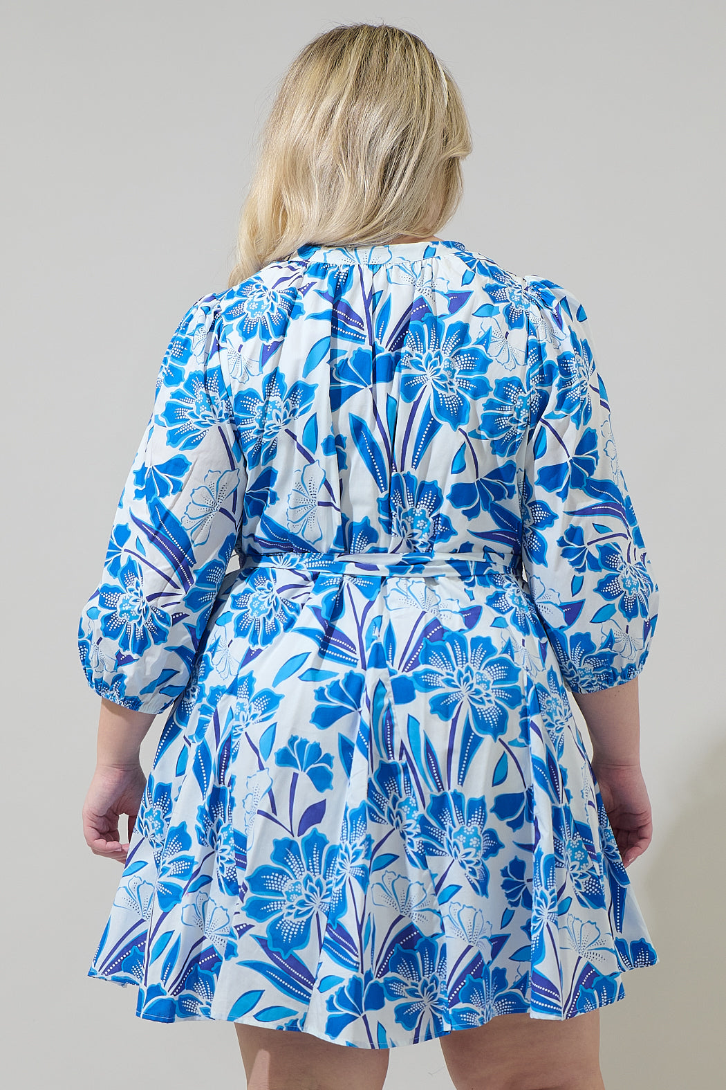 Maci Floral Lody Flare Mini Dress Curve WHITE-BLUE-MULTI / 1X by Sugarlips Maci Floral Lody Flare Mini Dress Curve WHITE-BLUE-MULTI / 1X by Sugarlips
