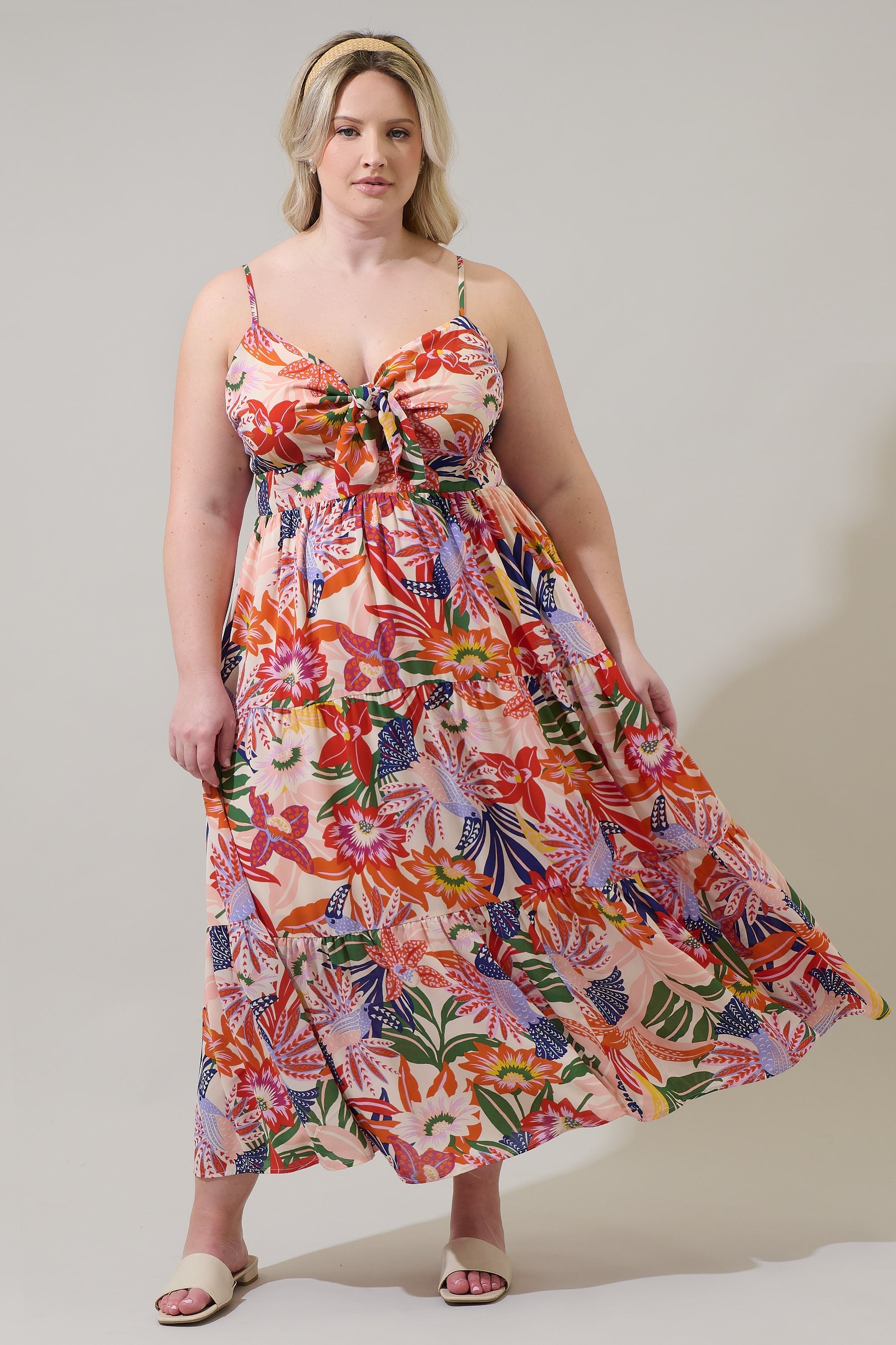 Hatley Floral Tie Knot Midi Dress Curve BLUE-PINK-CREAM / 1x by Sugarlips Hatley Floral Tie Knot Midi Dress Curve BLUE-PINK-CREAM / 1x by Sugarlips