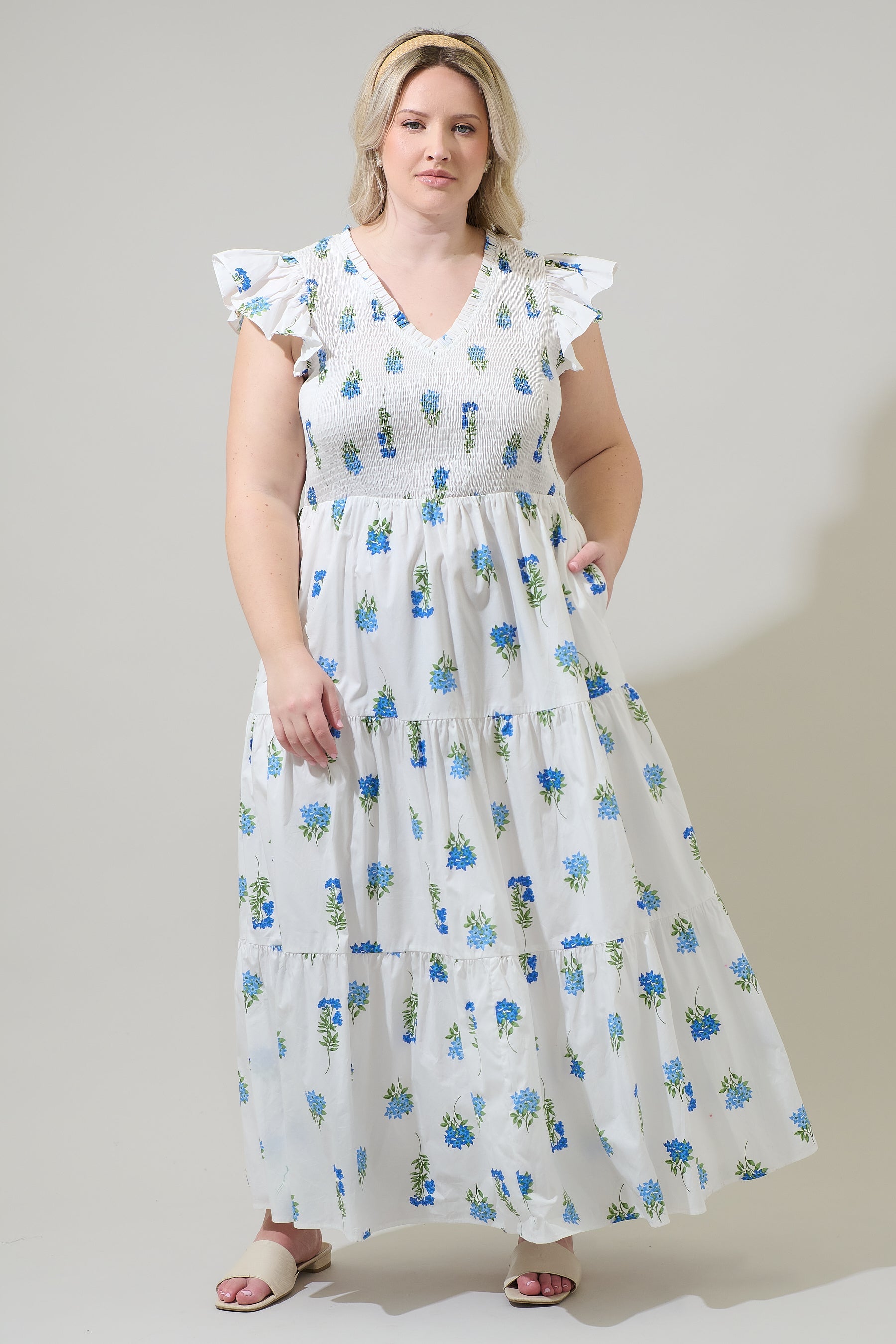 Jillian Floral Sunfire Tiered Midi Dress Curve BLUE-GREEN-MUL / 1X by Sugarlips Jillian Floral Sunfire Tiered Midi Dress Curve BLUE-GREEN-MUL / 1X by Sugarlips