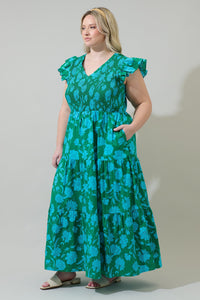 Waterlilly Floral Sunfire Tiered Midi Dress Curve