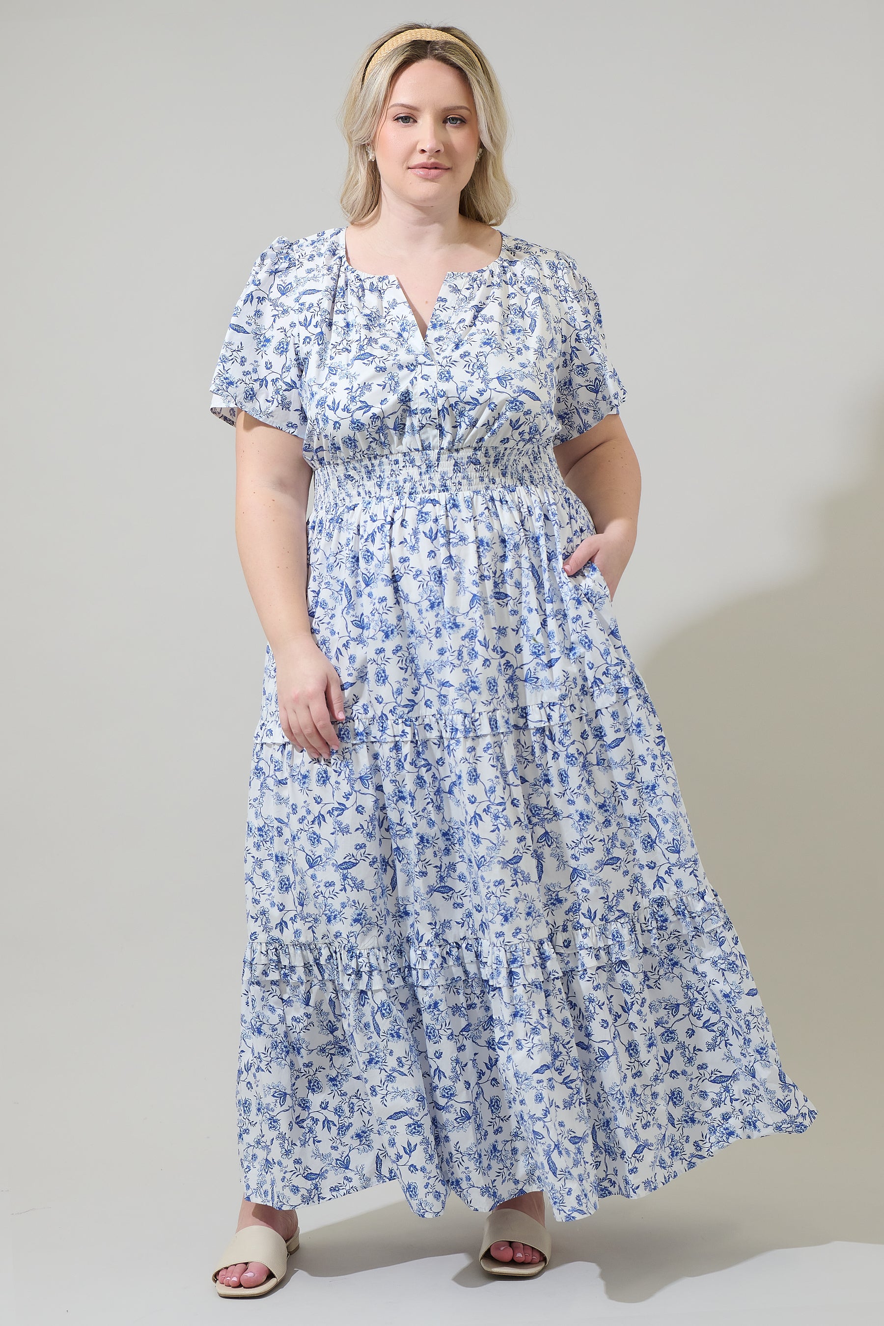 Kearny Floral Palmer Poplin Tiered Maxi Dress Curve WHT-BLUES-MULT / 1X by Sugarlips Kearny Floral Palmer Poplin Tiered Maxi Dress Curve WHT-BLUES-MULT / 1X by Sugarlips