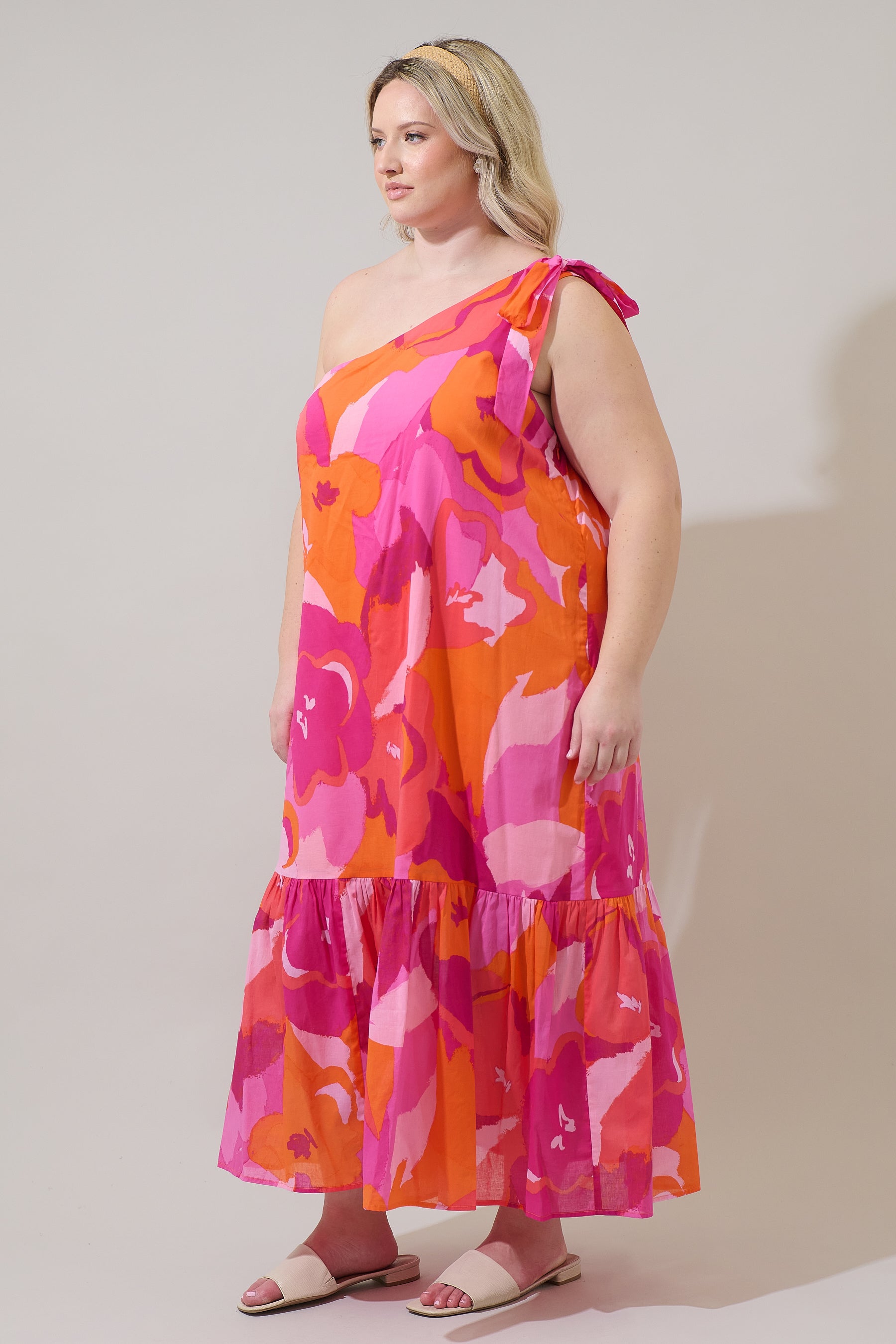 Merim Floral Nicol One Shoulder Maxi Dress Curve ORANGE-PINK-MUL / 2X by Sugarlips
