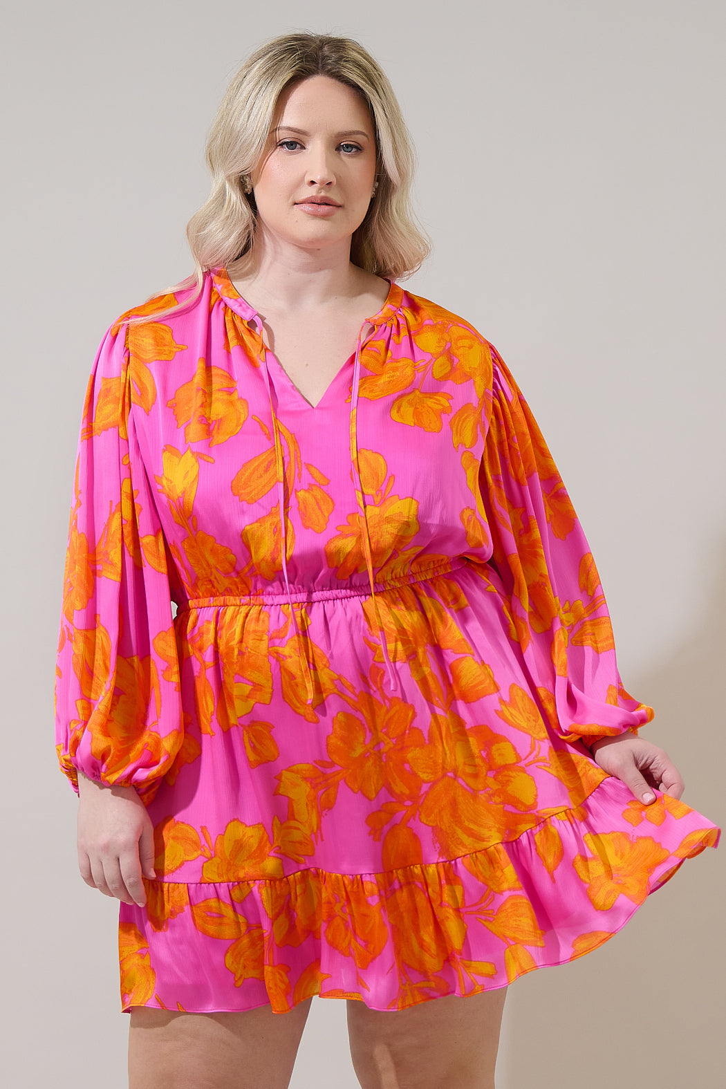 balloon sleeve mini dresses Tied Printed Balloon Sleeve Mini Dress Tangerine / M
