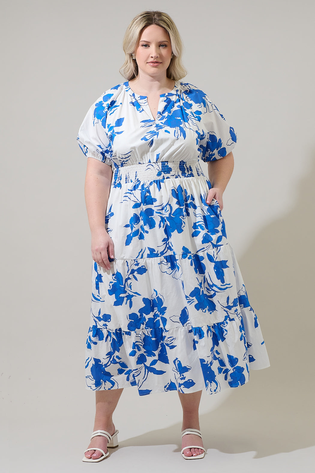 Aby Floral Hacienda Puff Sleeve Midi Dress Curve WHITE-COBALT-MUL / 3X by Sugarlips Aby Floral Hacienda Puff Sleeve Midi Dress Curve WHITE-COBALT-MUL / 3X by Sugarlips