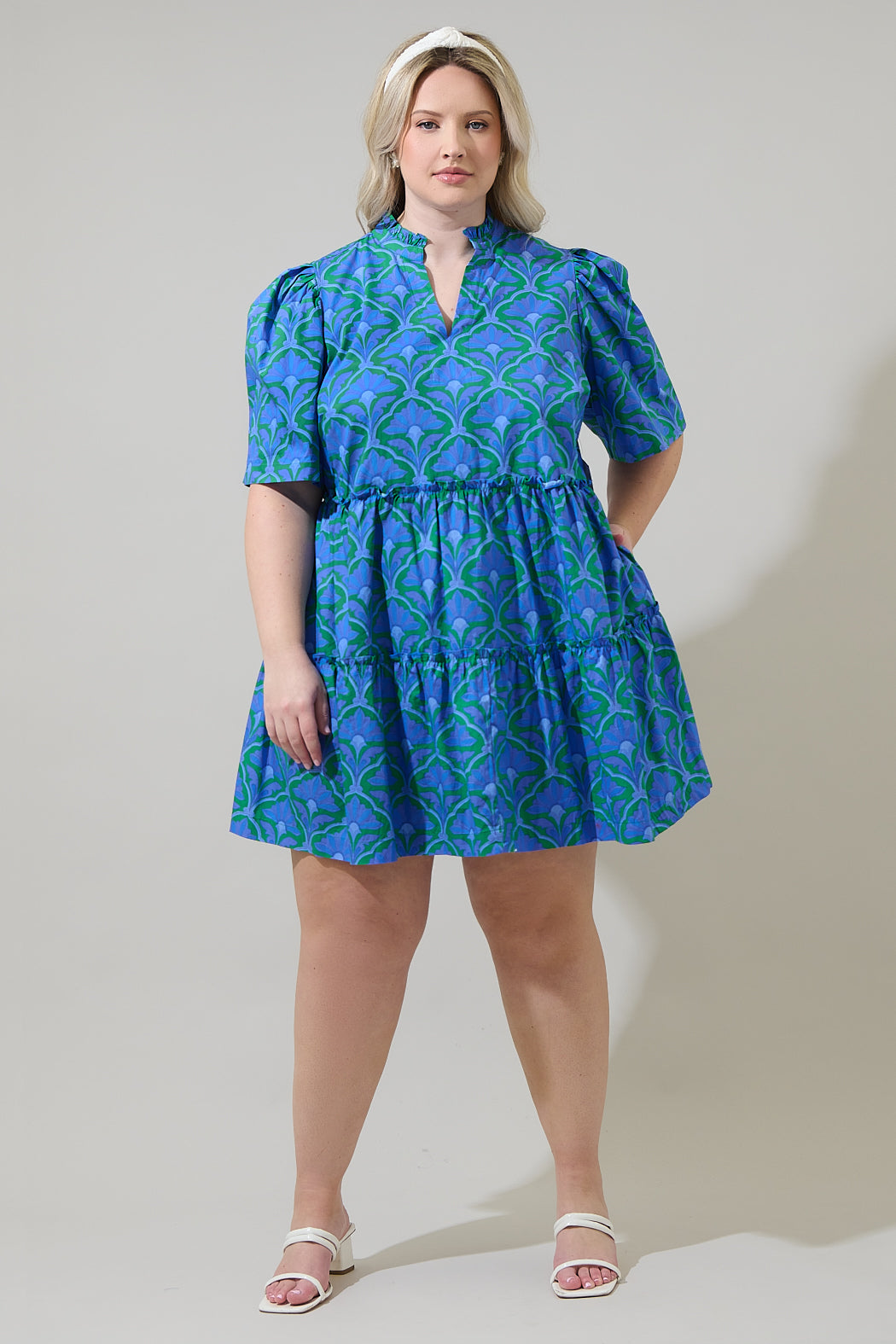 formal shift dresses Alie Street Bella Evening Dress (Indigo Blue) Model is 59 and wearing size XS Sera Floral Dixie Split Neck
