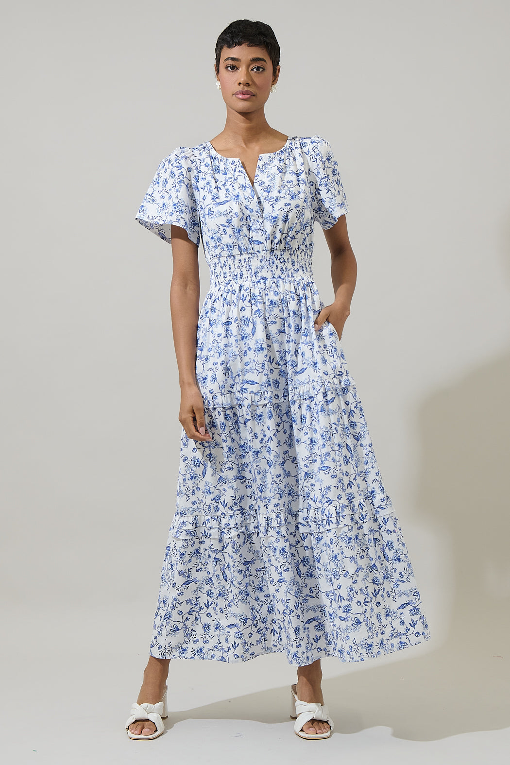 Kearny Floral Palmer Poplin Tiered Maxi Dress WHT-BLUES-MULT / M by Sugarlips Kearny Floral Palmer Poplin Tiered Maxi Dress WHT-BLUES-MULT / M by Sugarlips