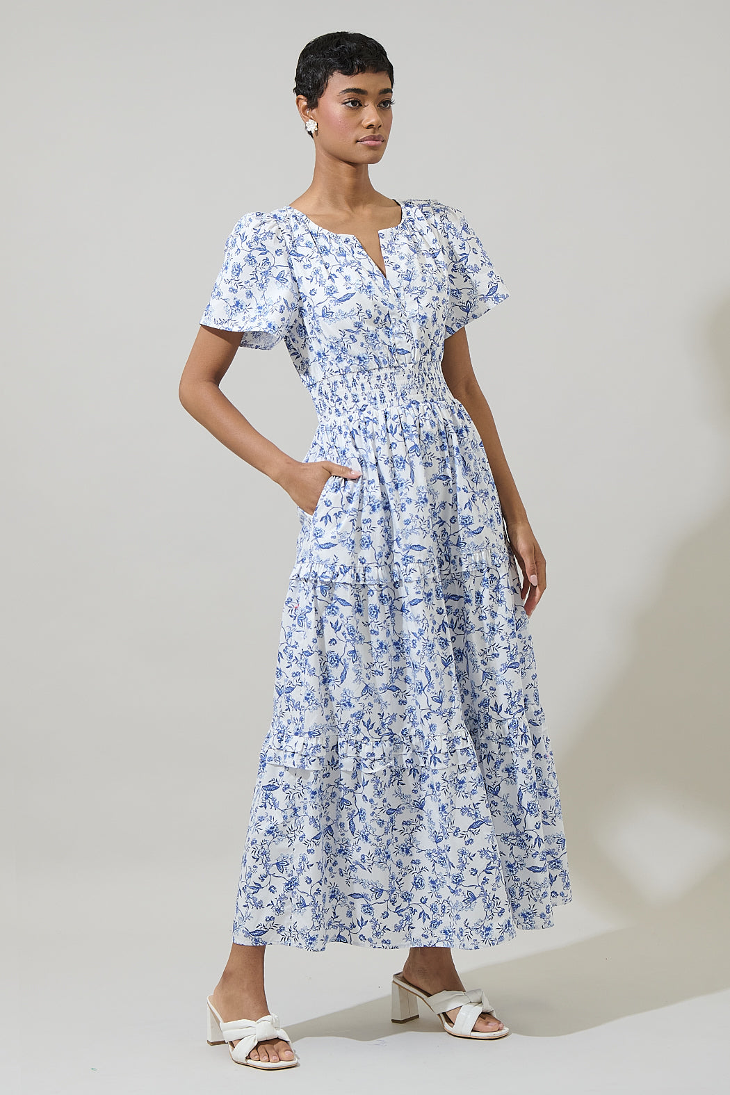 Kearny Floral Palmer Poplin Tiered Maxi Dress WHT-BLUES-MULT / L