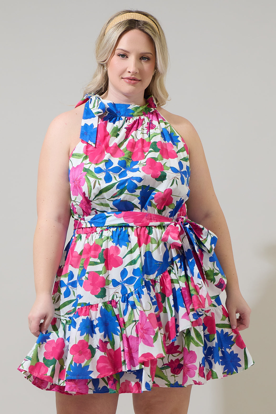 Liran Floral Melis Halter Mini Dress Curve Pink-Blue / 3X by Sugarlips Liran Floral Melis Halter Mini Dress Curve Pink-Blue / 3X by Sugarlips